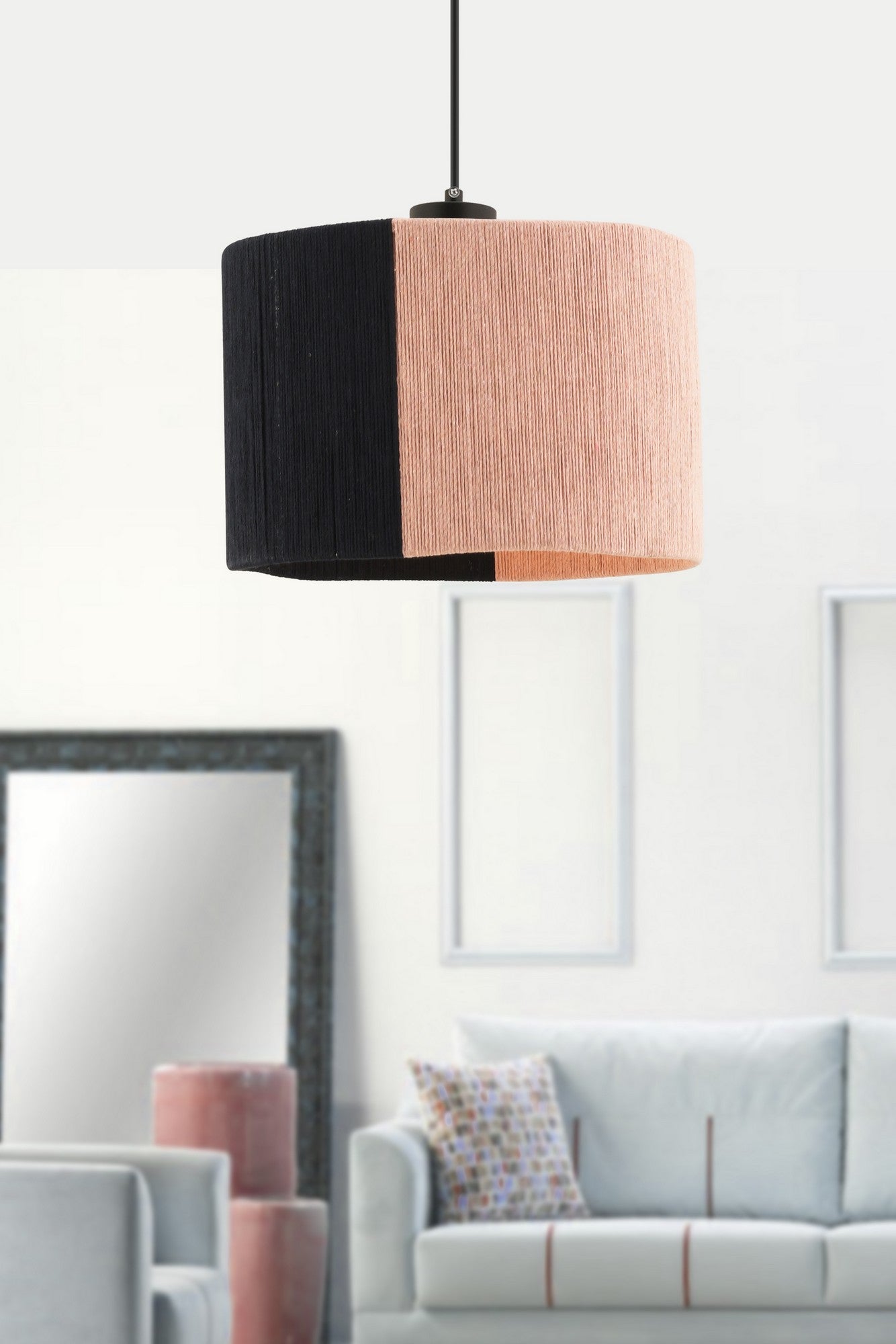 Candeeiro de Teto – 65 cm – Preto e Rosa – Metal e Juta
