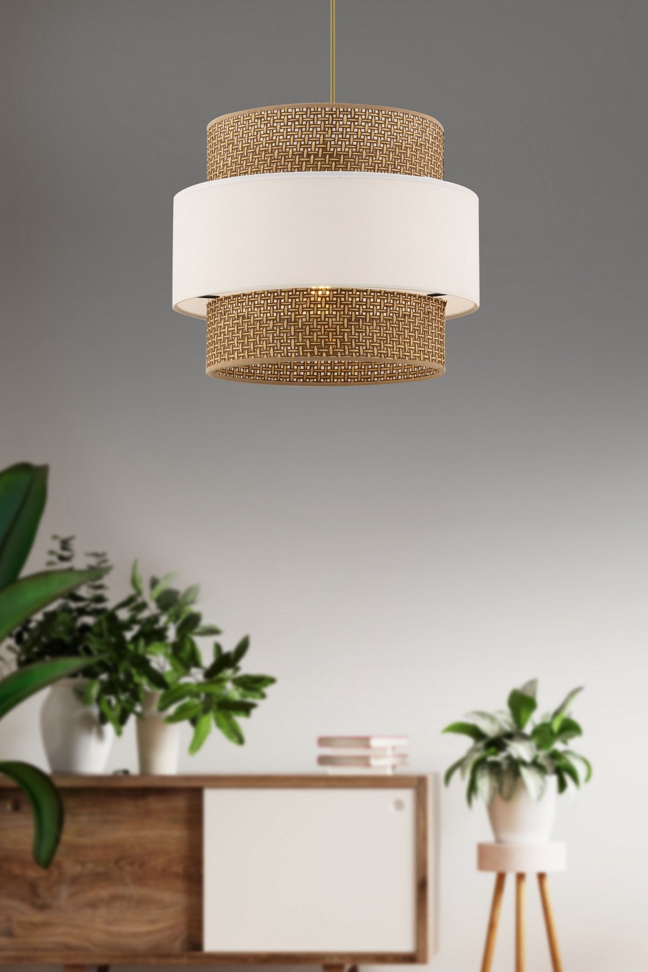 Candeeiro de Teto – 30 x 30 cm – Bege e Branco – Metal e Tecido