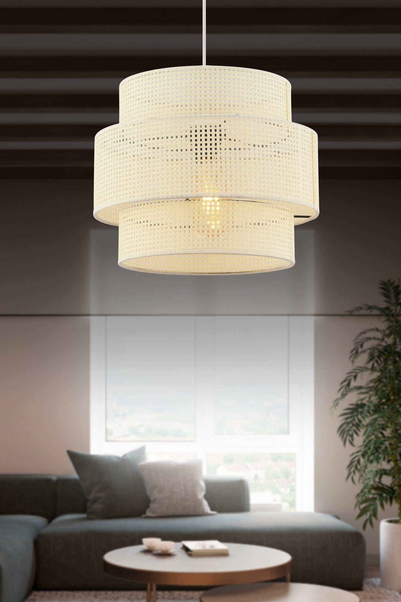 Candeeiro de Teto – 65 cm – Branco – Metal e tecido