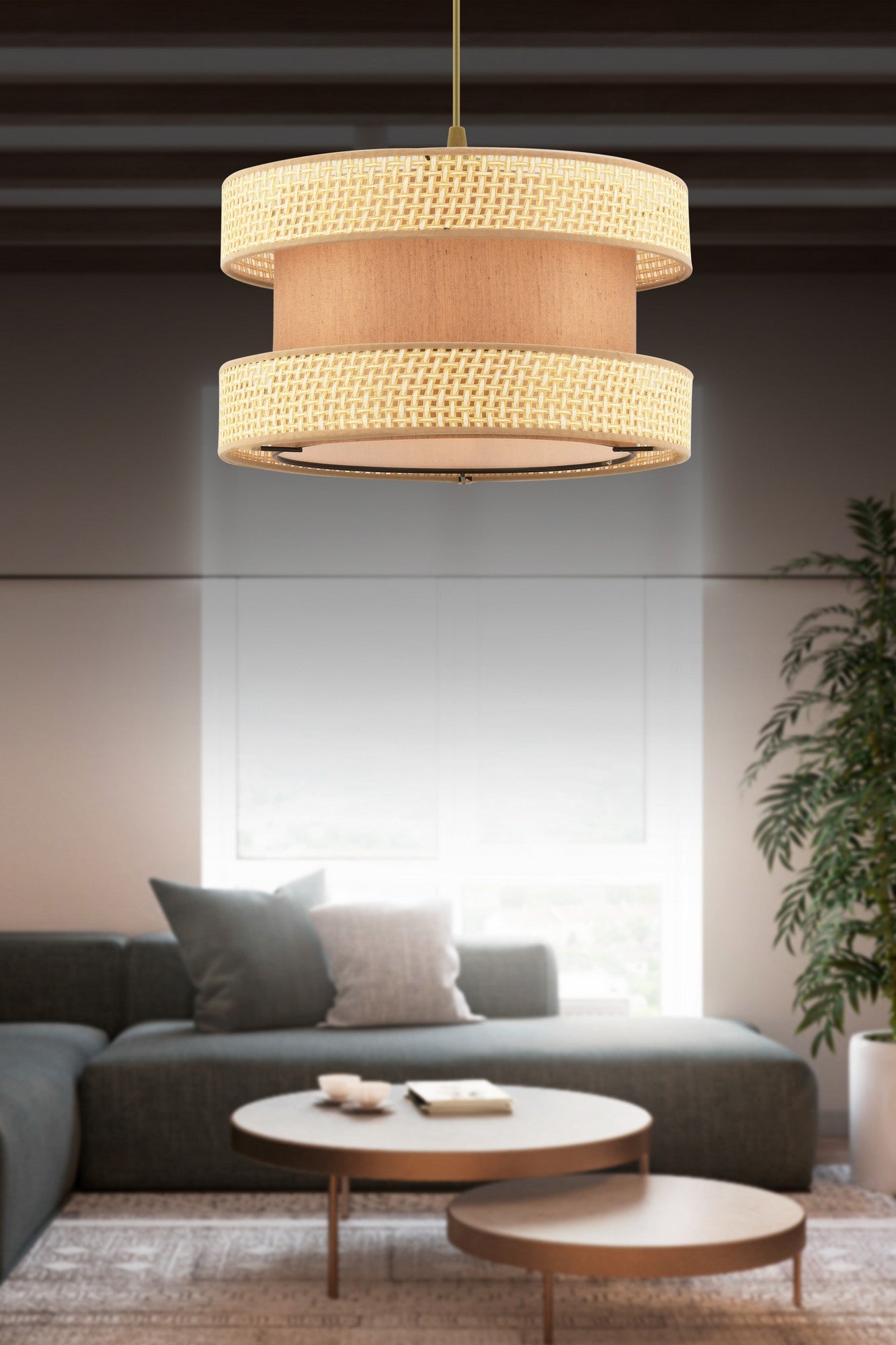 Candeeiro de Teto – 65 cm – Camelo e Castanho – Metal e Algodão
