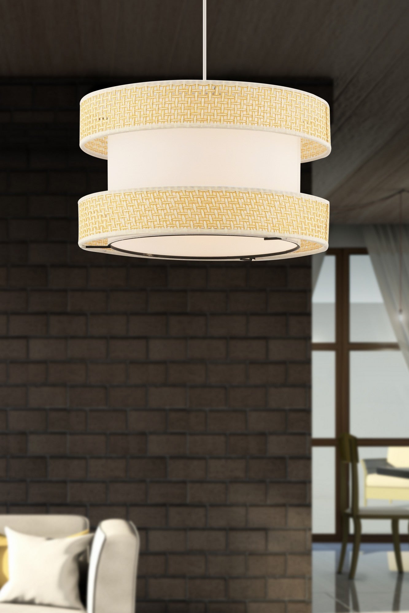 Candeeiro de Teto – 65 cm – Camel e Branco – Metal e Algodão