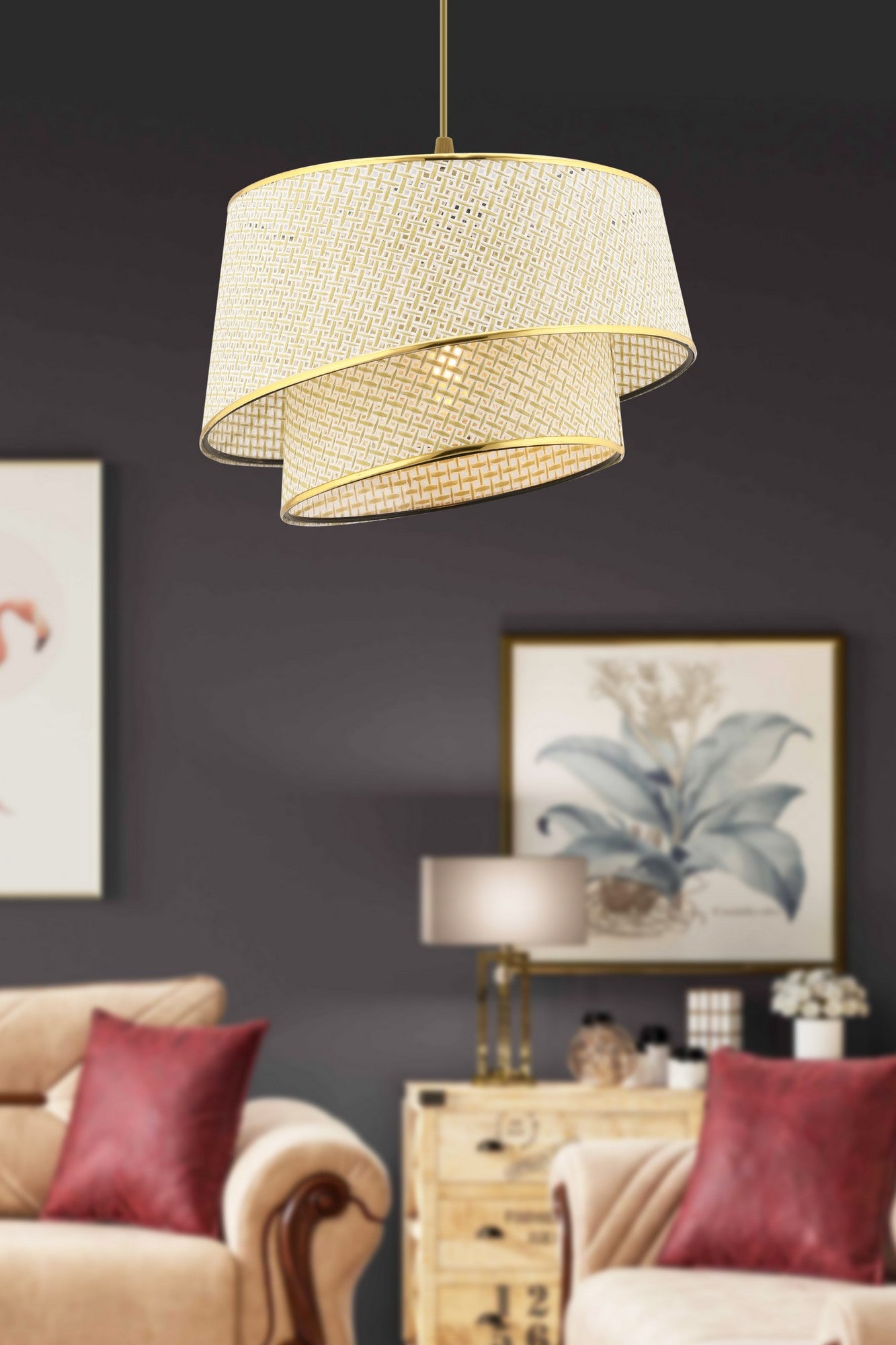 Candeeiro de Teto – 65 cm – Creme e Dourado – Metálico e Tecido