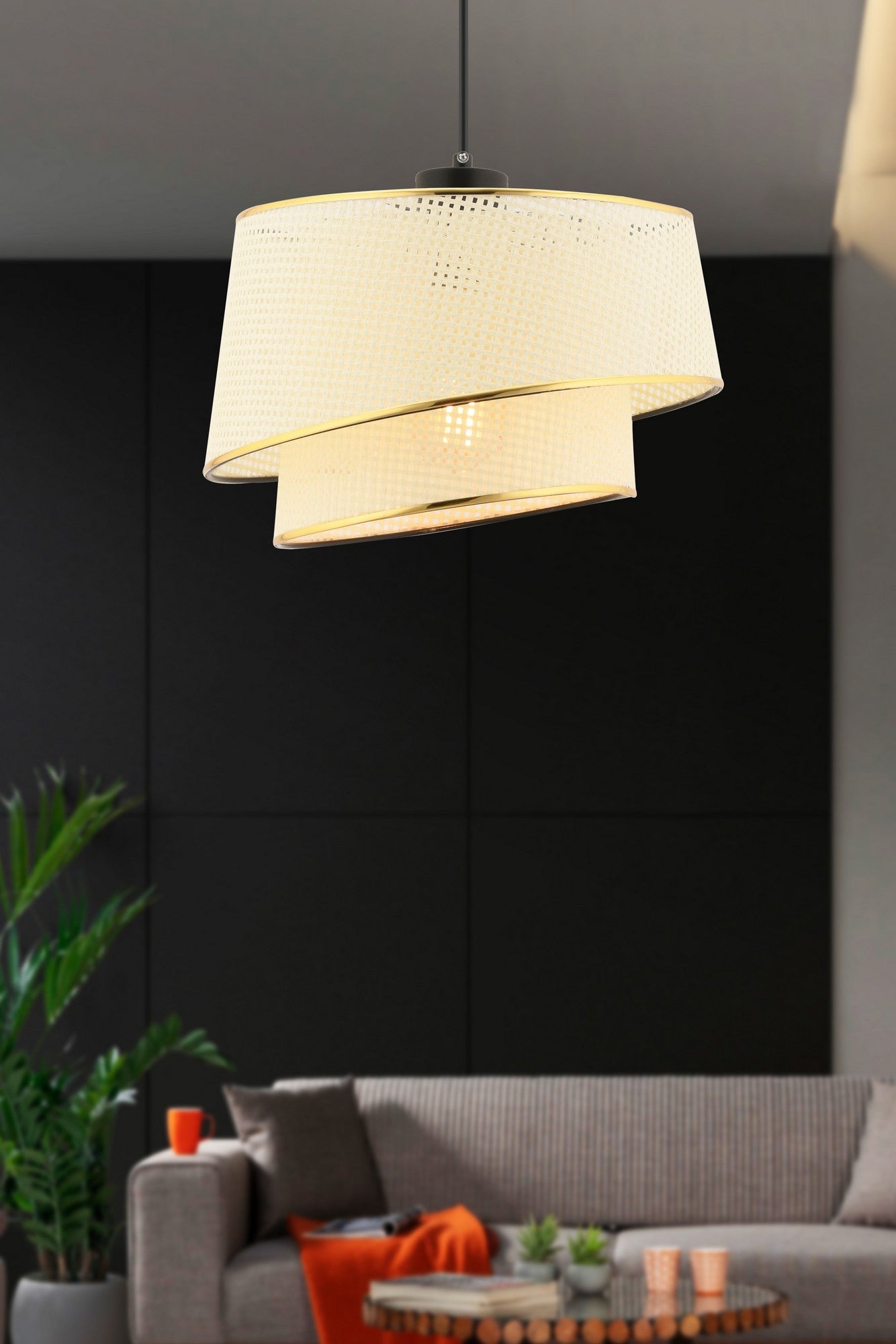 Candeeiro de Teto – 65 cm – Branco e Dourado – Metálico e Tecido