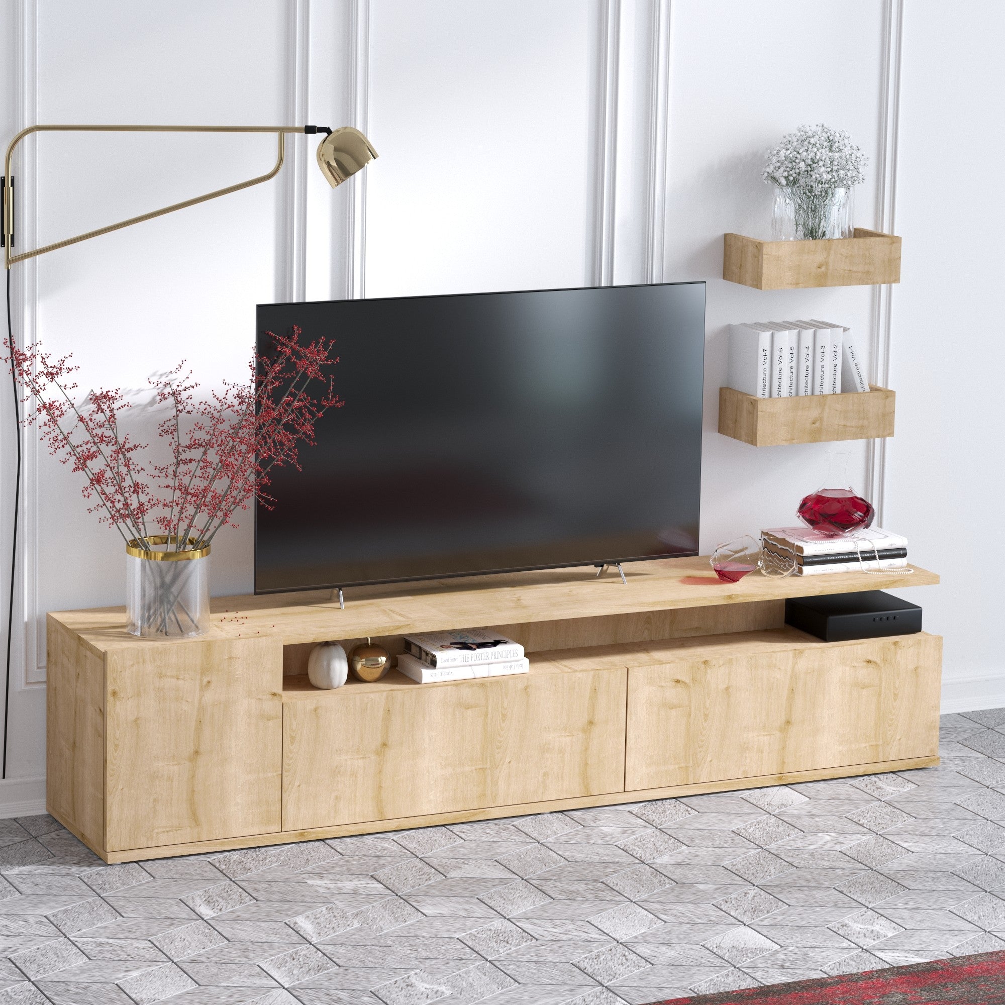 Móvel de TV moderno em carvalho, 180 cm | Painel de partículas 100% revestido em melamina, 18 mm de espessura | Montável na parede, com várias prateleiras, design elegante e funcional