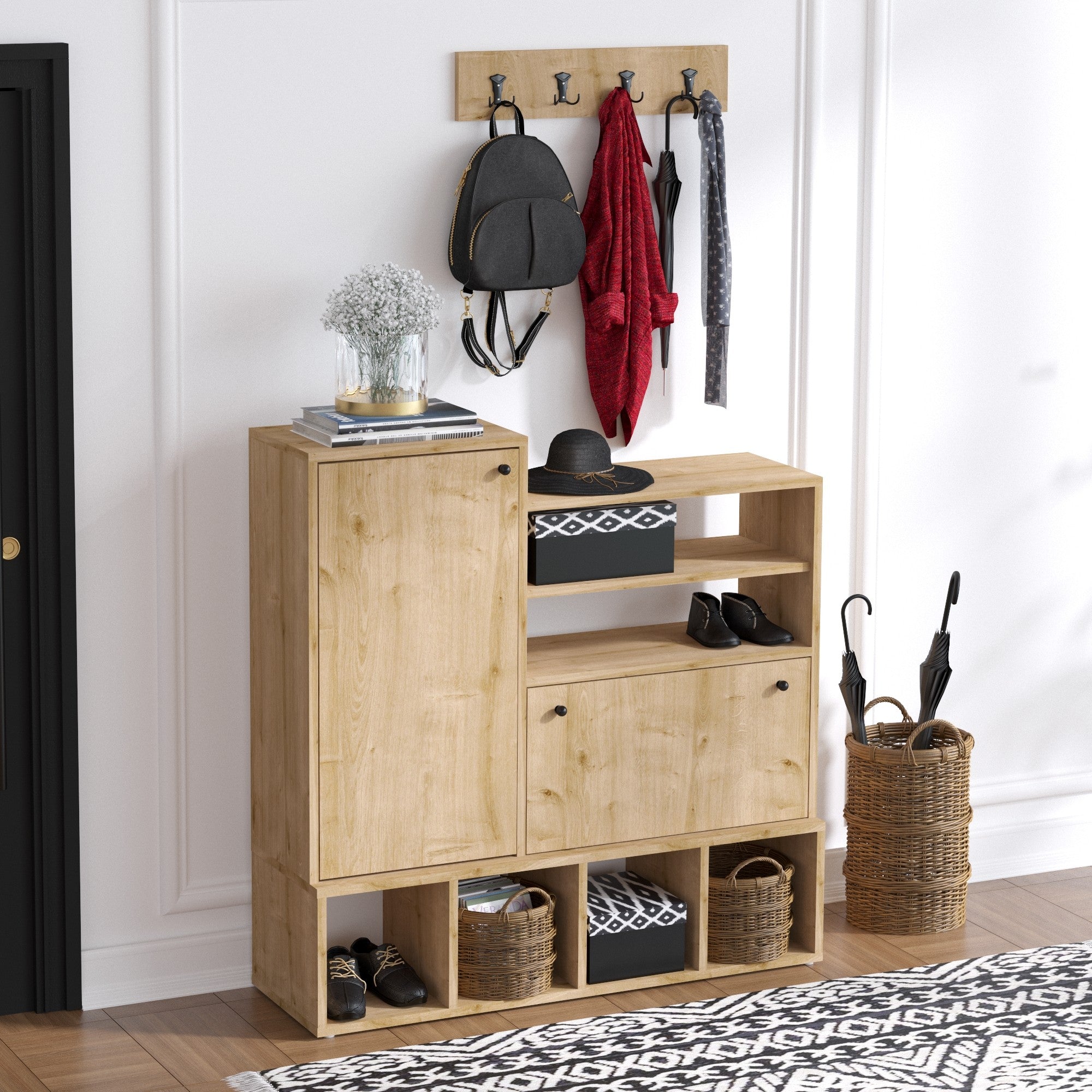 Elegante sapateira de carvalho, 100 cm x 120 cm x 35 cm | 100% revestida em melamina, 18 mm de espessura | Suporte de parede multiuso com espelho e prateleiras