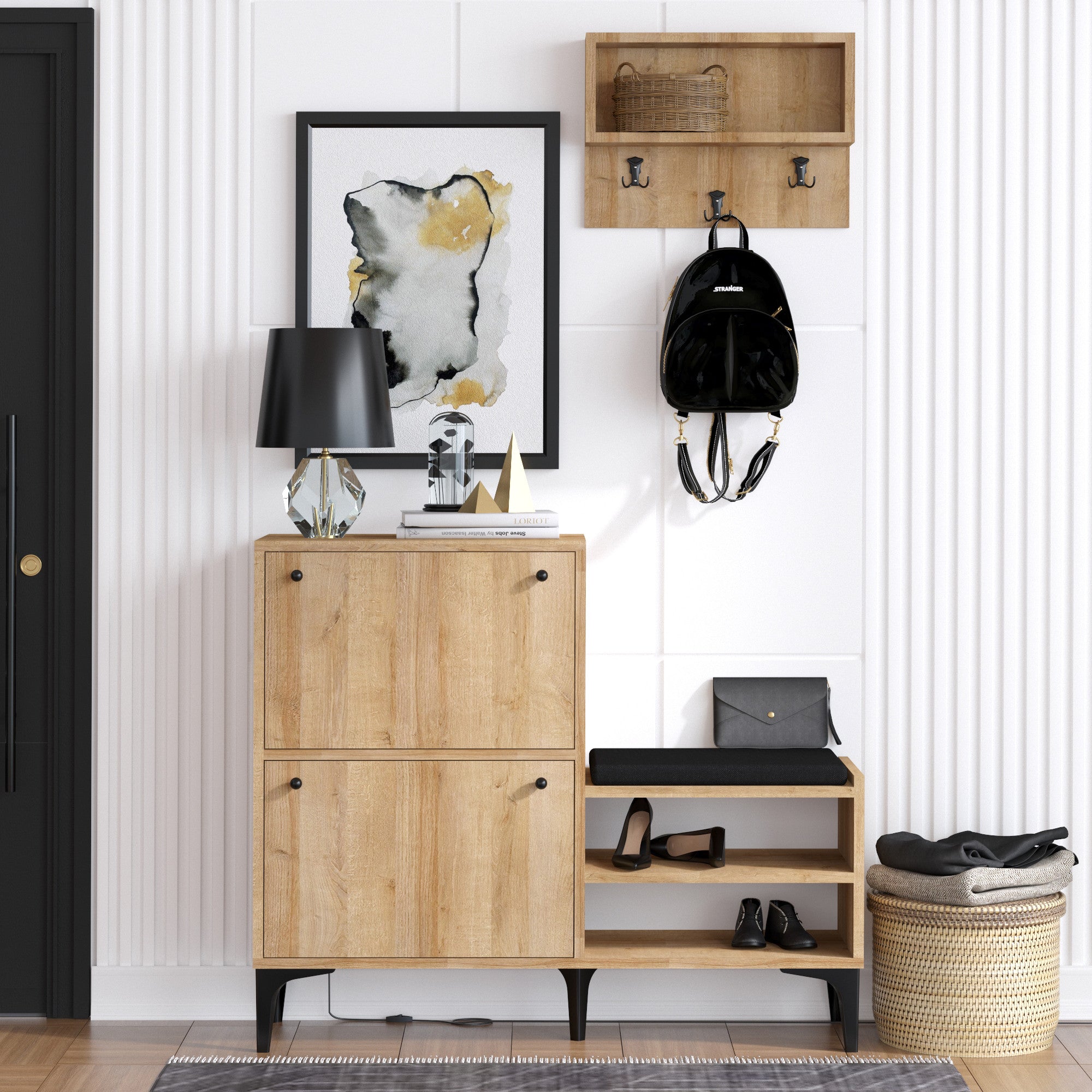 Sapateira estilosa com cabideiro suspenso, acabamento em carvalho, 110 x 92 x 35 cm | 100% revestido em melamina, 18 mm de espessura | Montável na parede, design funcional e elegante