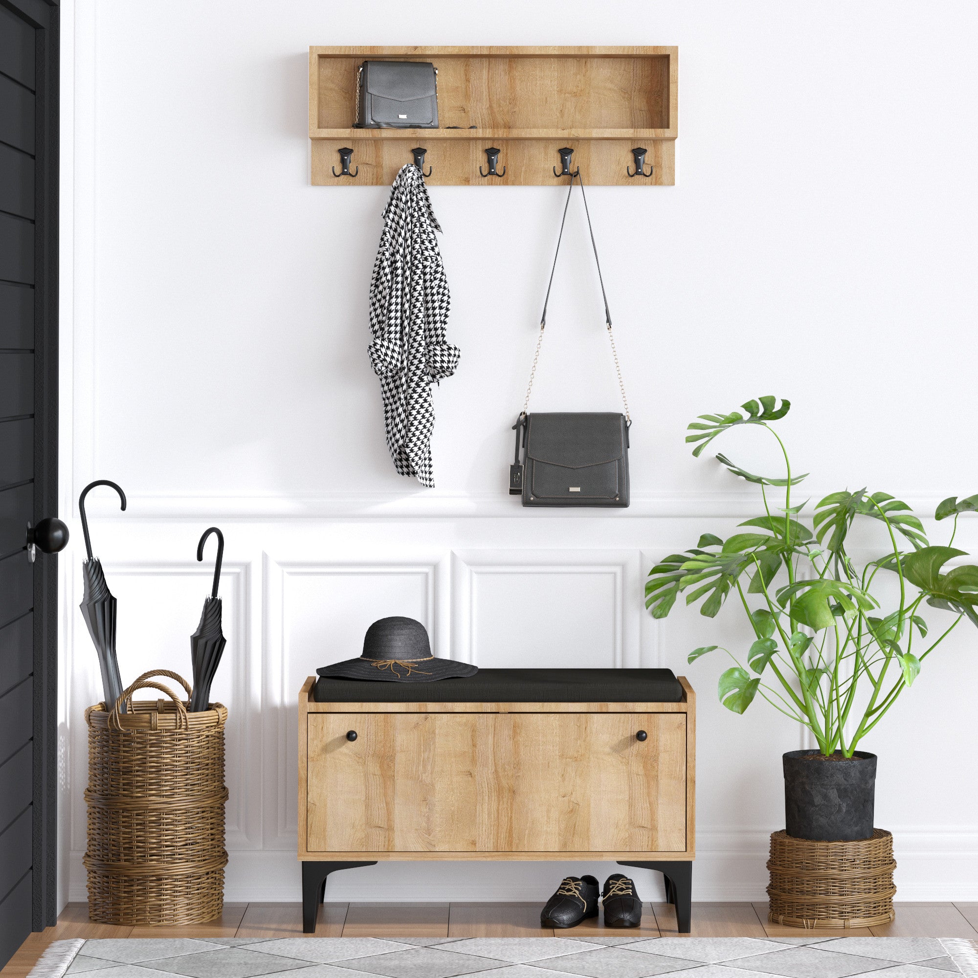 Sapateira estilosa com cabideiro suspenso, acabamento em carvalho, 80 x 49 x 35 cm | 100% revestido em melamina, 18 mm de espessura | Montável na parede, design funcional e elegante