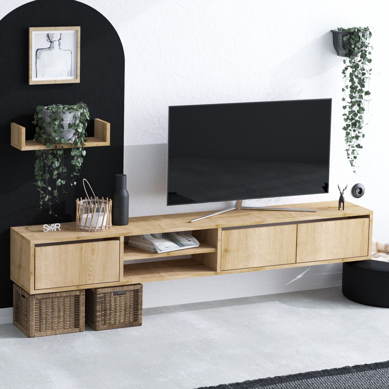 Móvel de TV moderno com prateleira de parede e cômoda, carvalho safira, 180 x 30 x 25 cm | Antibacteriano, 100% revestido em melamina | Design elegante e funcional, montagem necessária