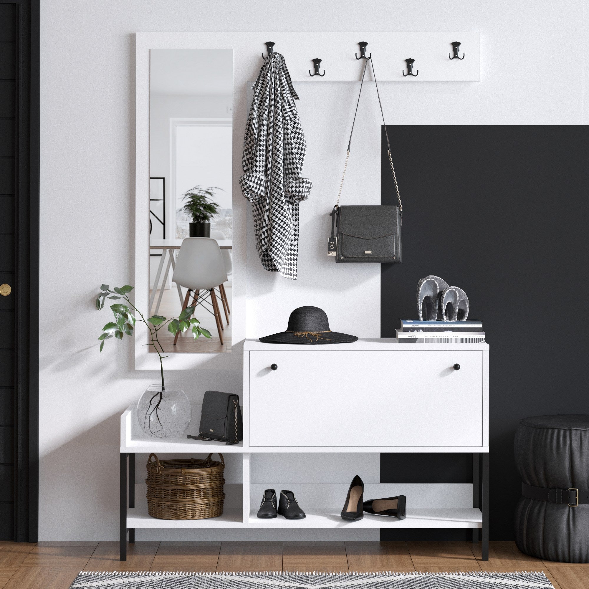 Sapateira estilosa, 120 cm de largura, 70 cm de altura, 35 cm de profundidade | Painel de partículas 100% revestido em melamina, 18 mm de espessura | Design moderno em branco e preto para entrada