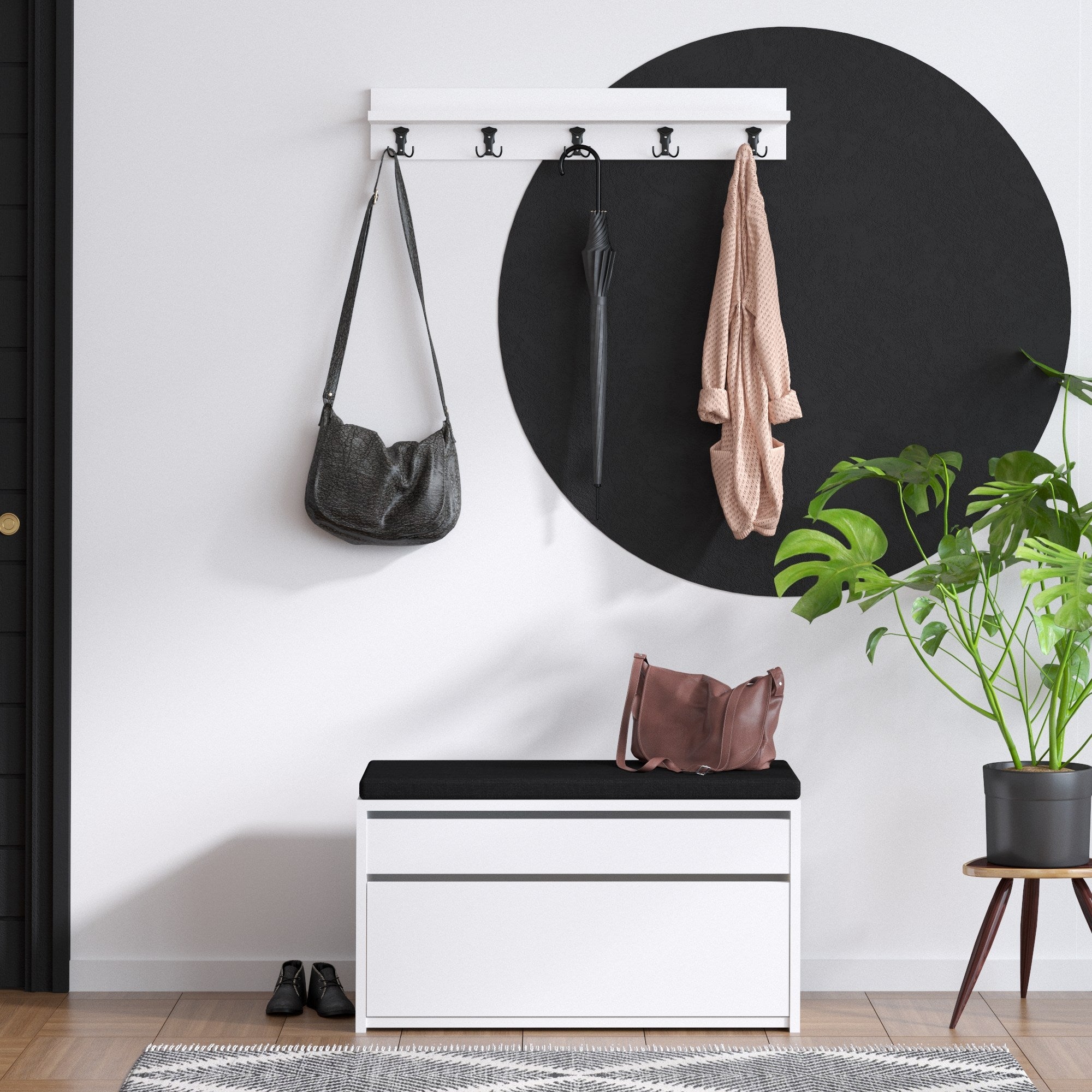 Sapateira estilosa, branca e preta, 80 x 42 x 35 cm | Painel de partículas 100% revestido de melamina, 18 mm de espessura | Perfeito para entradas modernas e soluções de armazenamento