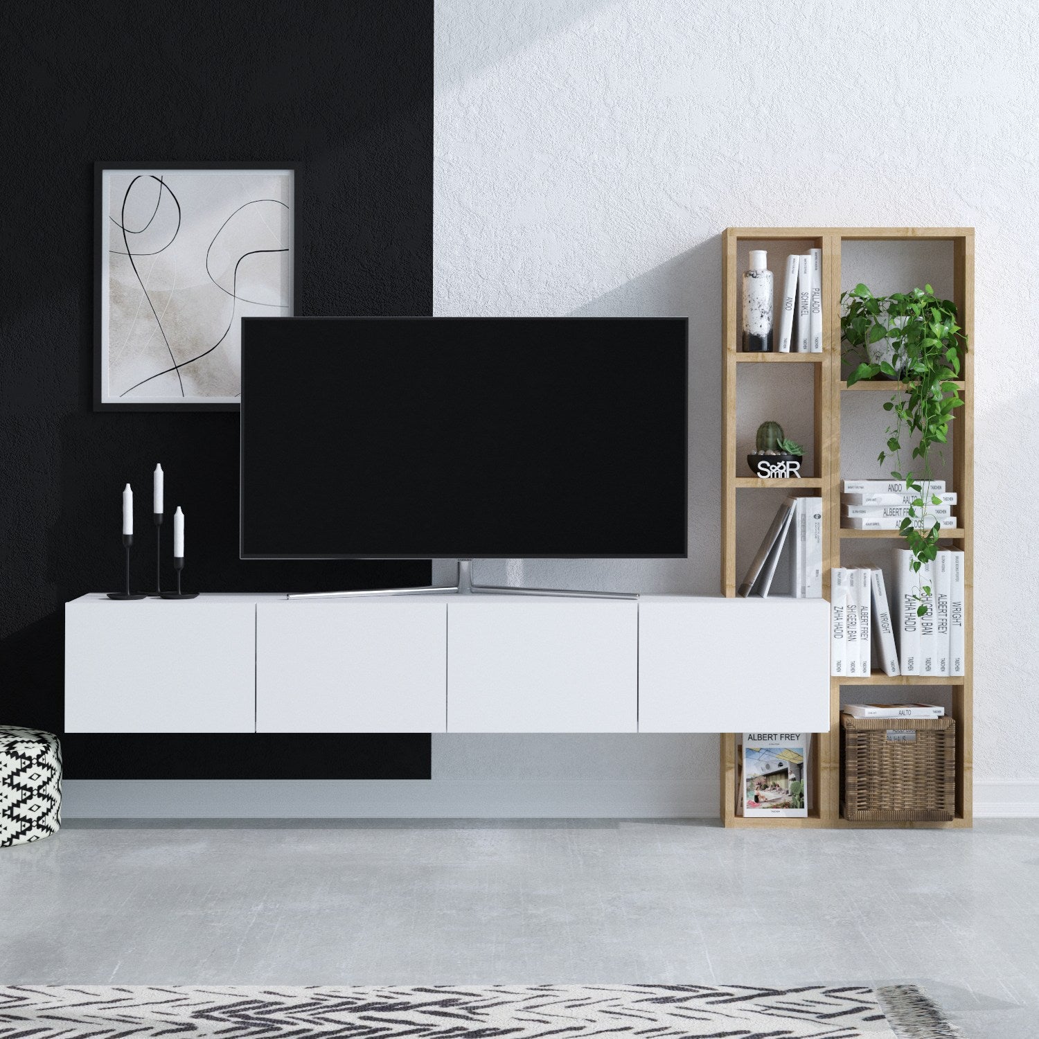 Móvel de TV elegante com inúmeras prateleiras, branco e carvalho, 182 x 25 x 32 cm | Painel de partículas 100% revestido de melamina, 18 mm de espessura | Perfeito para salas de estar modernas