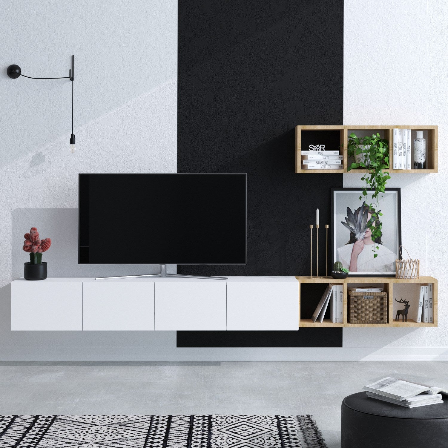 Móvel de TV elegante, branco e carvalho, 215 x 25 x 32 cm | Painel de partículas 100% revestido em melamina, 18 mm de espessura | Prateleiras amplas para sala de estar moderna