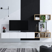 Móvel de TV elegante, branco e carvalho, 215 x 25 x 32 cm | Painel de partículas 100% revestido em melamina, 18 mm de espessura | Prateleiras amplas para sala de estar moderna