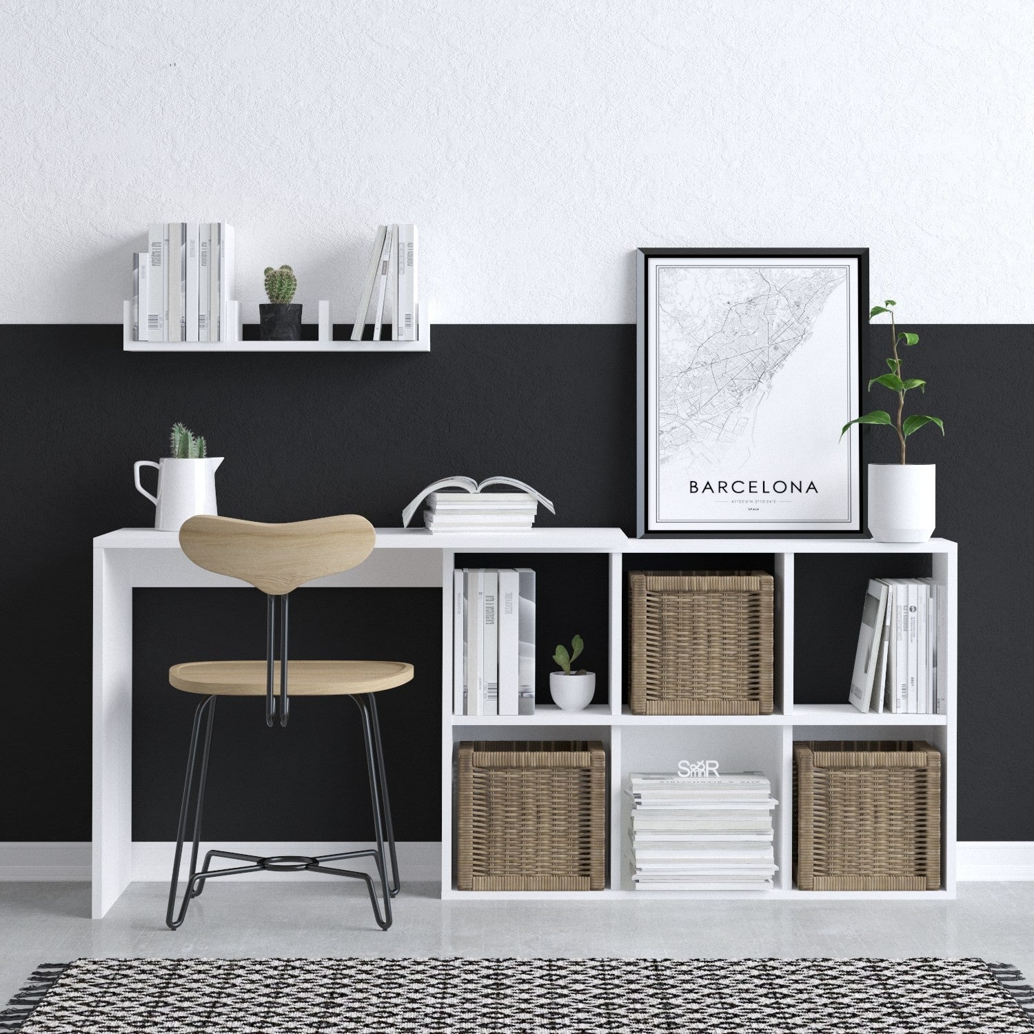Secretária Moderna – 74 x 145 x 45 cm – Branco e Carvalho – Painéis de Partículas revestidos a Melamina
