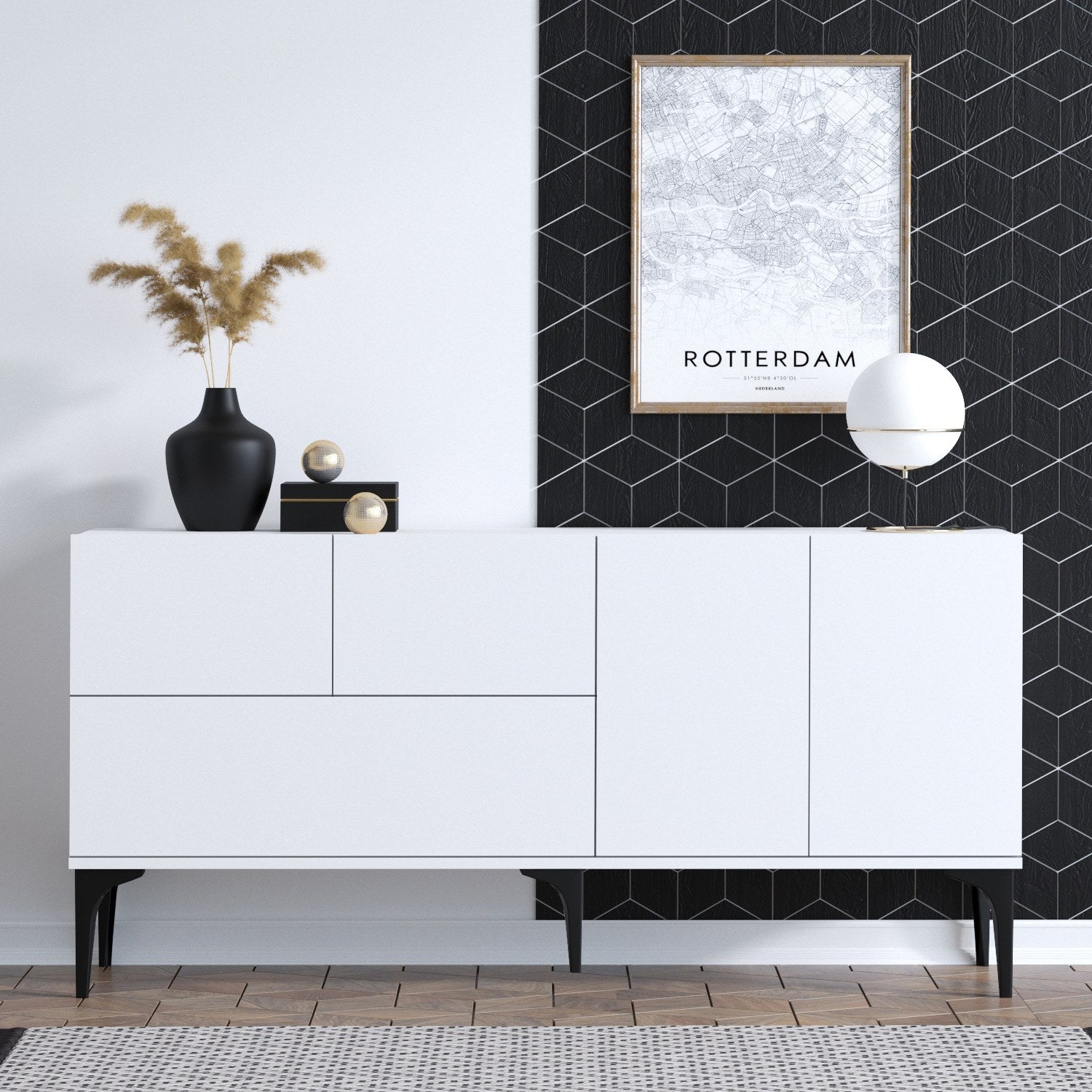 Aparador – 150 cm de Largura – Branco e Preto – 100% Aglomerado Revestido em Melamina