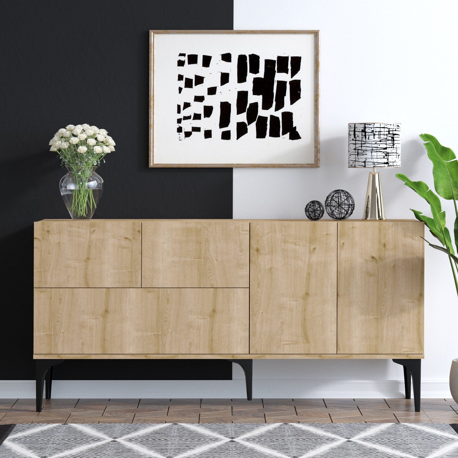 Aparador – 150 x 75 x 35 cm – Carvalho e Preto – Painel de Partículas