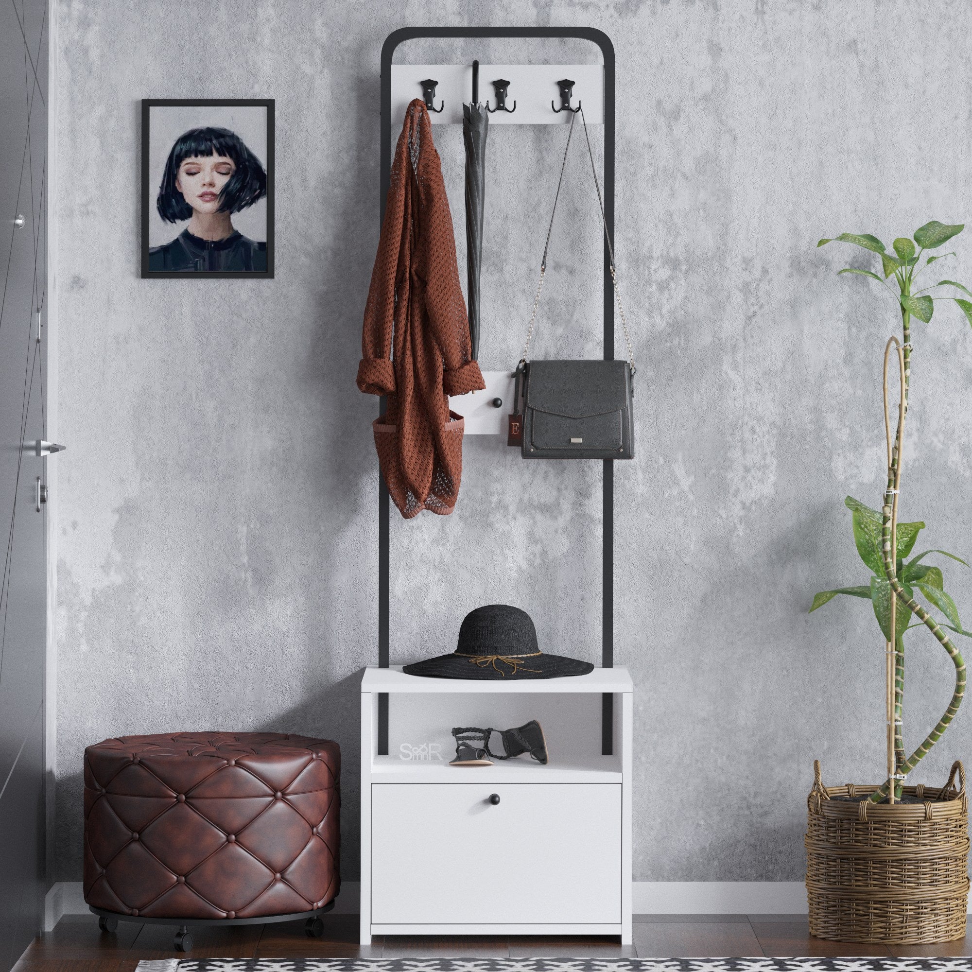 Conjunto para hall de entrada – 50 x 170 x 35 cm – Branco e preto – Painel de partículas revestido a melamina