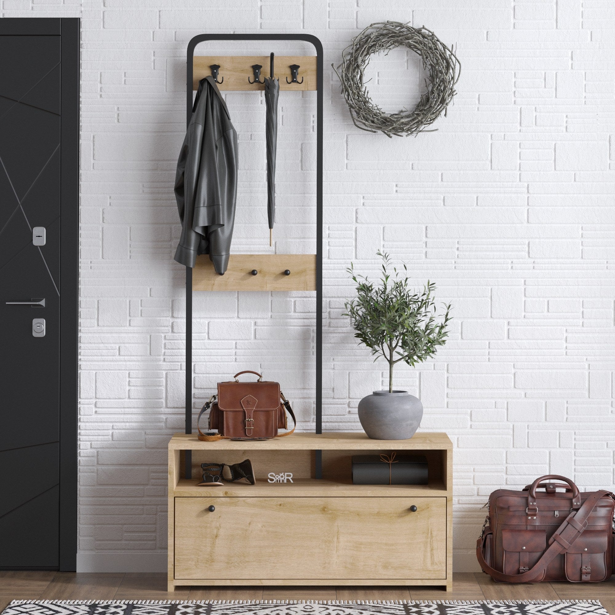 Conjunto para hall de entrada – 90 x 35 x 170 cm – nogueira e preto – painel de partículas revestido em melamina