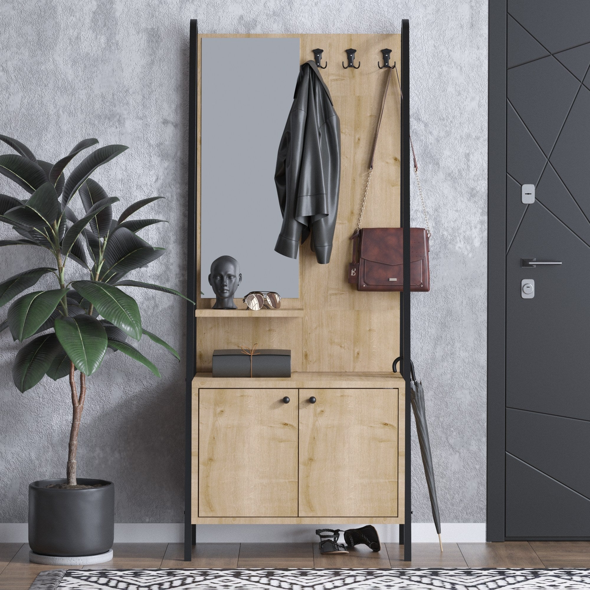 Conjunto para hall de entrada – 74 x 170 x 35 cm – Carvalho e Preto – Aglomerado