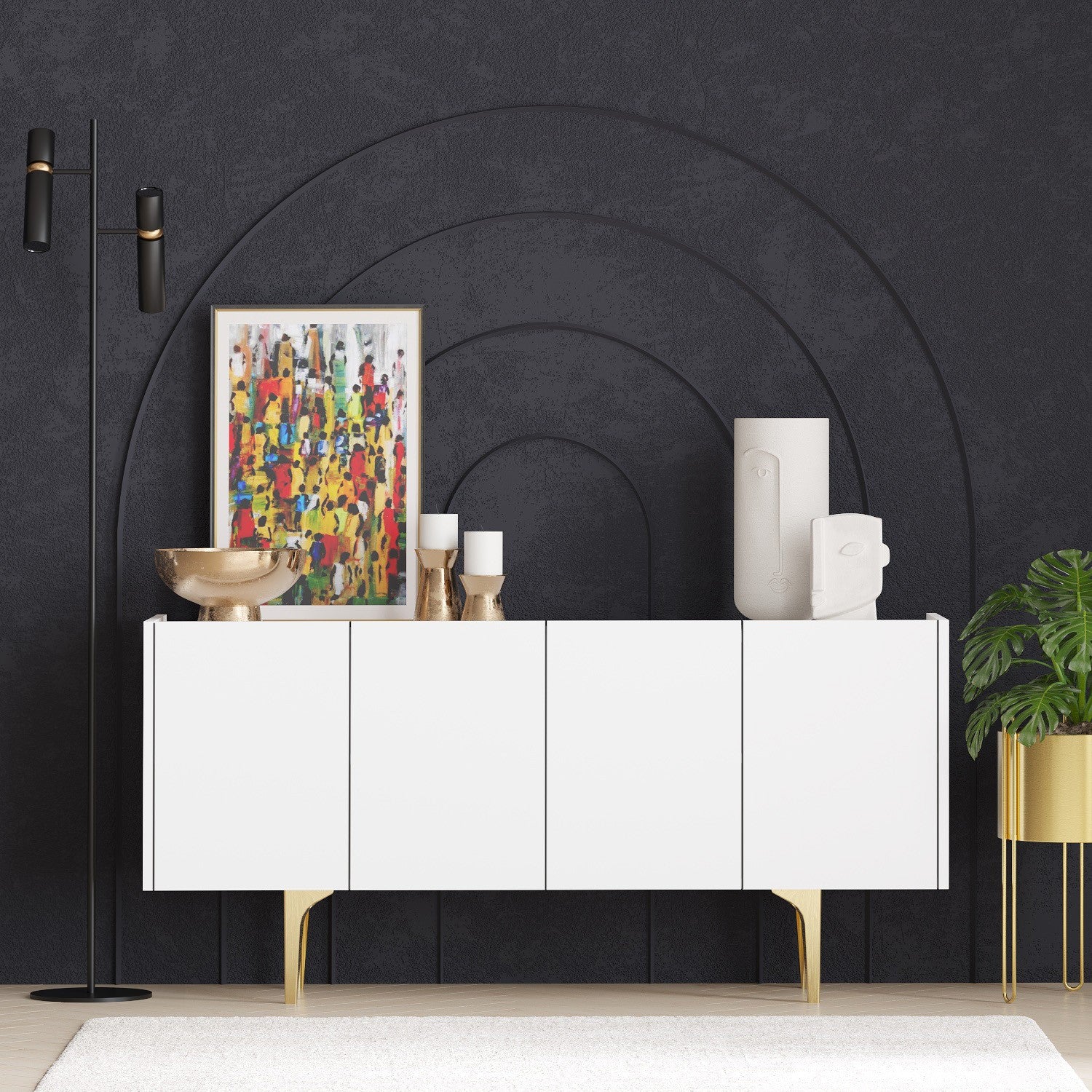 Aparador – 150 cm x 75 cm x 40 cm – Branco e Dourado – 100% Melamina Revestida