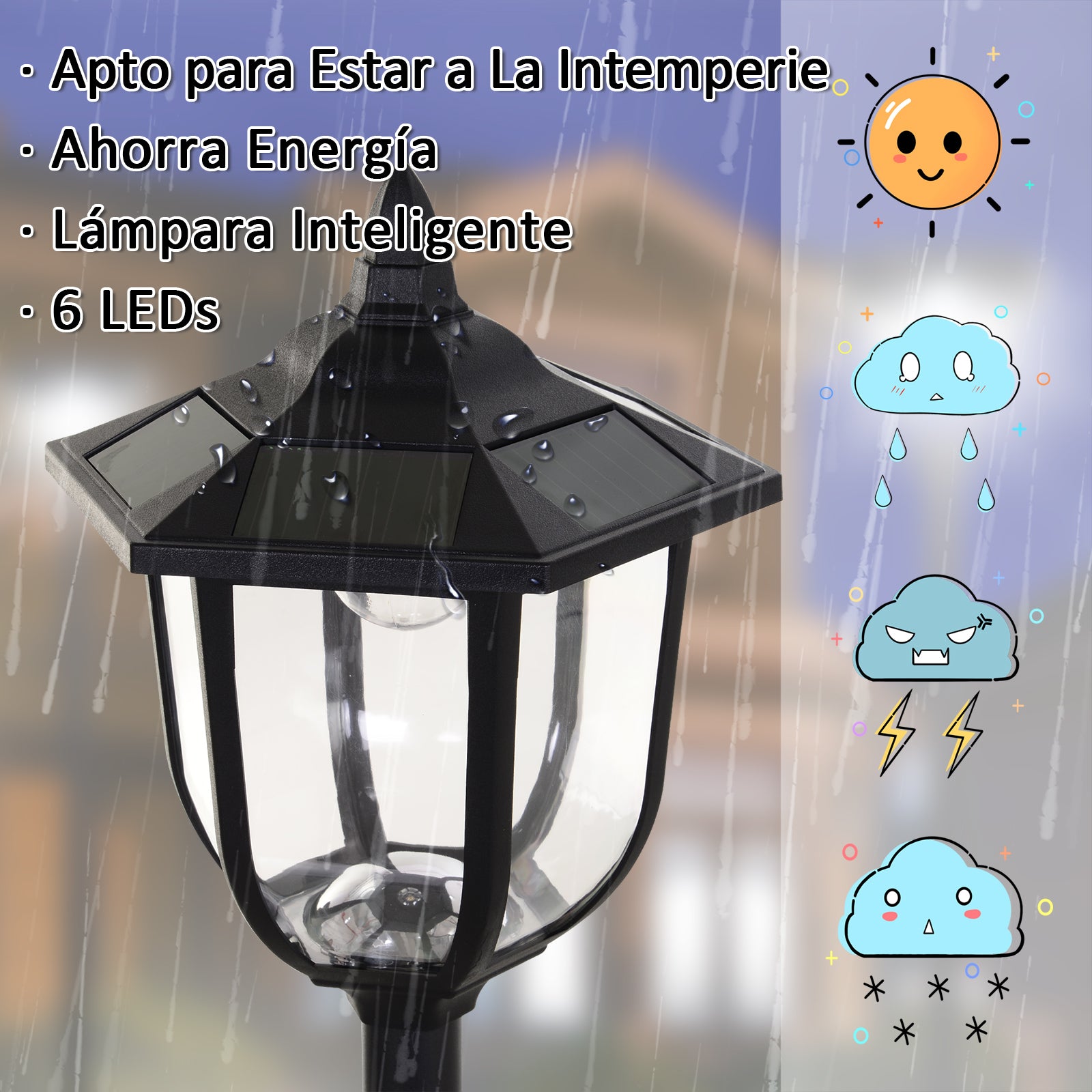 Candeeiro de Exterior Solar com 6 LEDS – Ø26x177 cm – Cor Preto – ABS