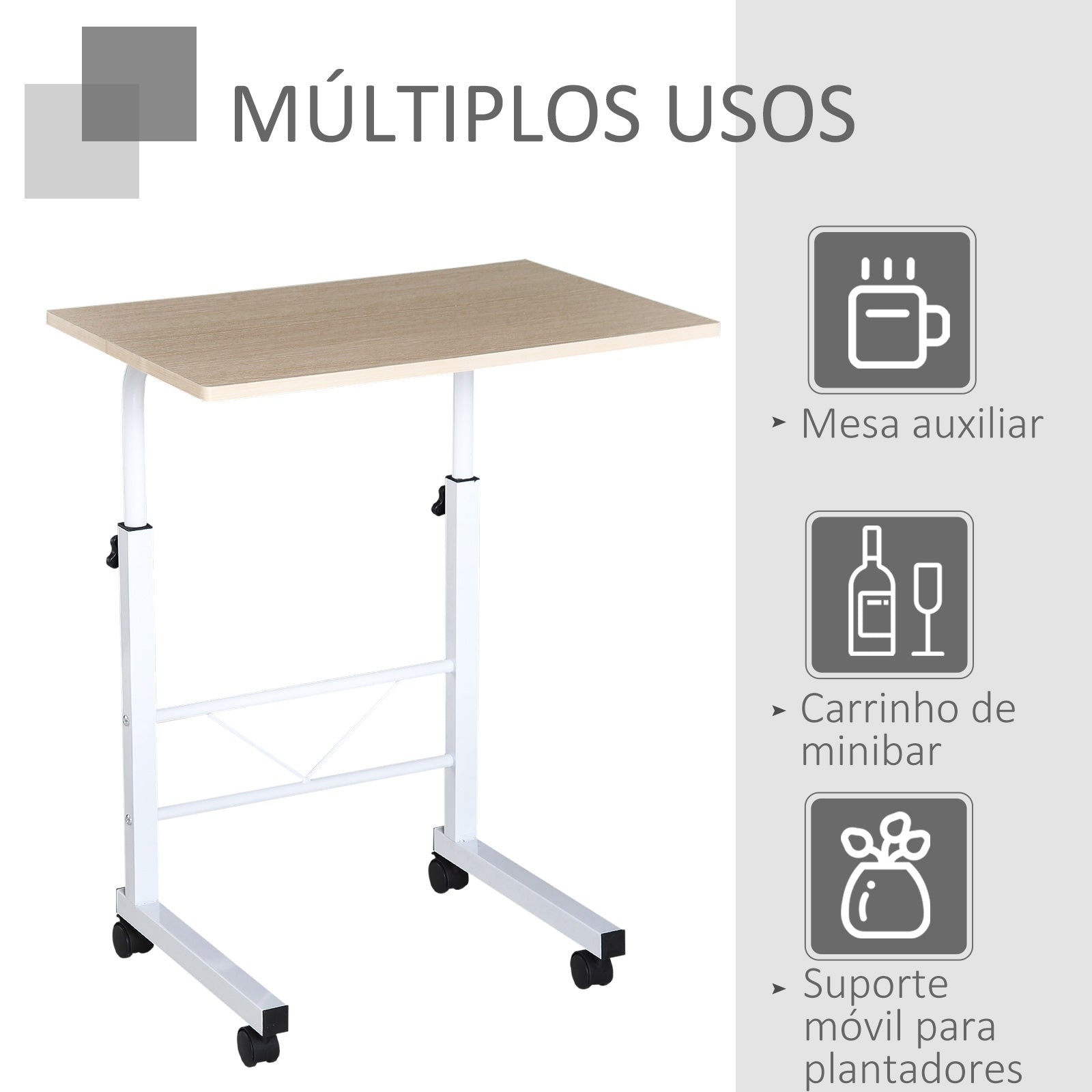 Mesa de Computador Compacta com Rodas 60x40x(68-78)cm - Branco e Madeira