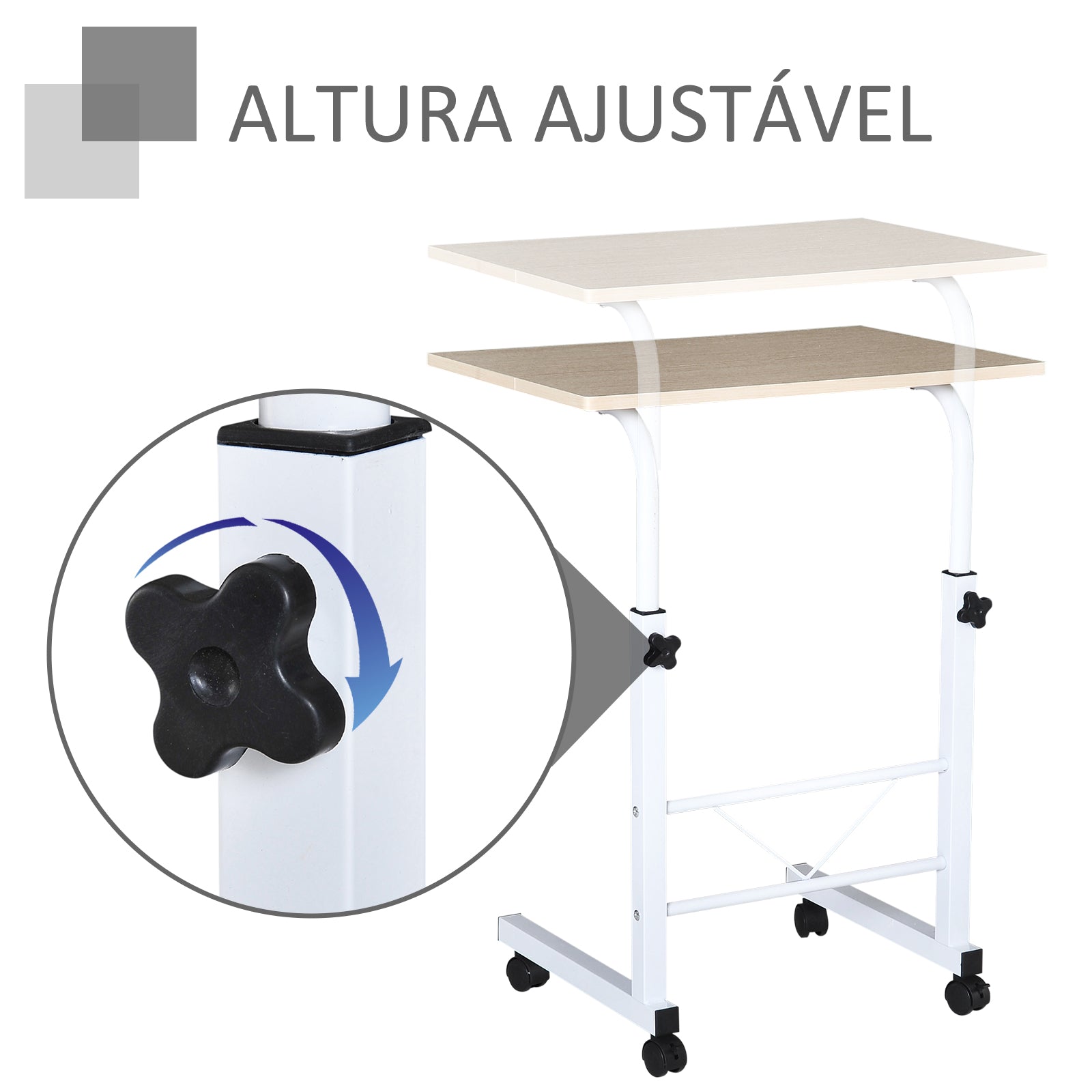 Mesa de Computador Compacta com Rodas 60x40x(68-78)cm - Branco e Madeira