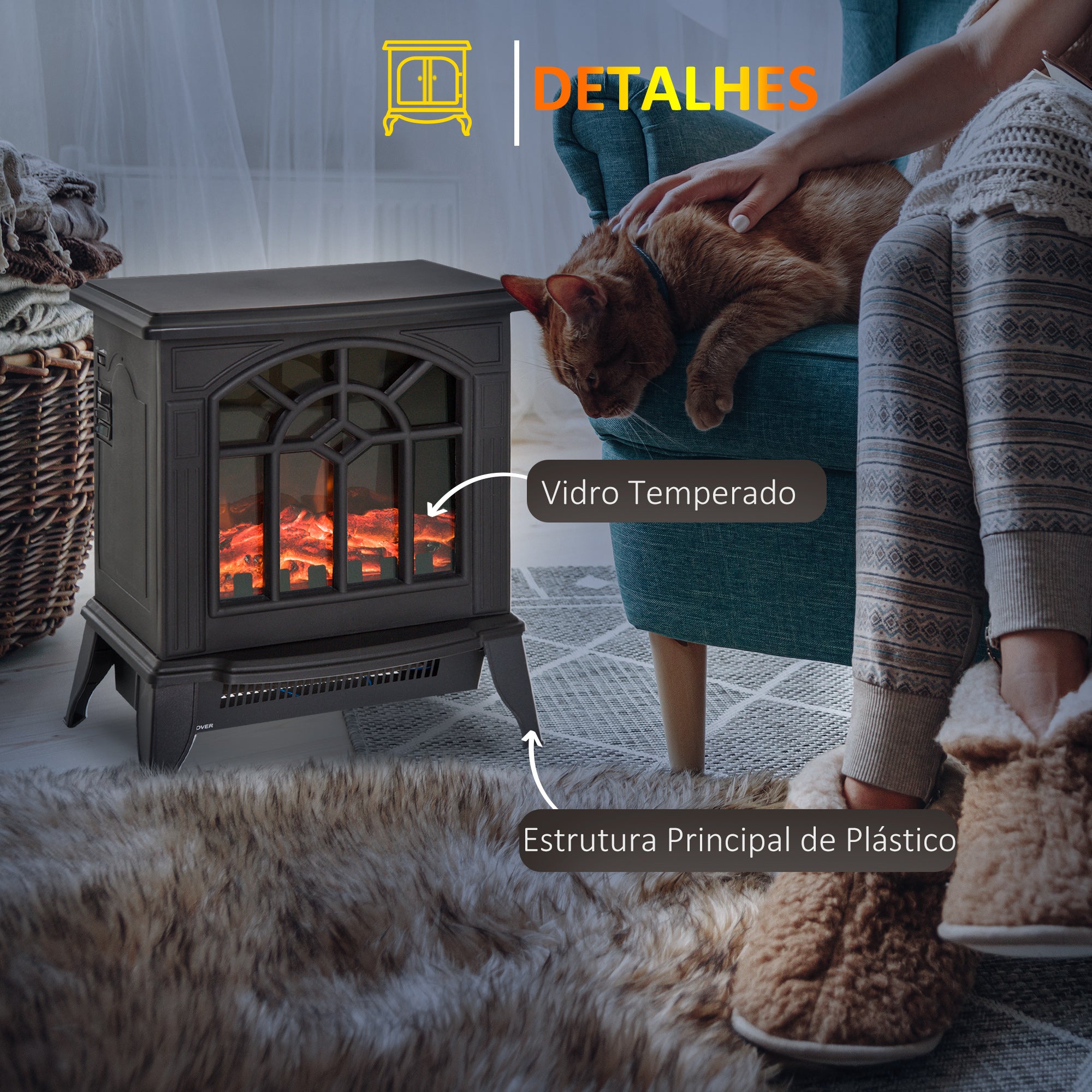 Lareira Elétrica Portátil 1000/2000W - 36,5x24x46cm - Cor Preto