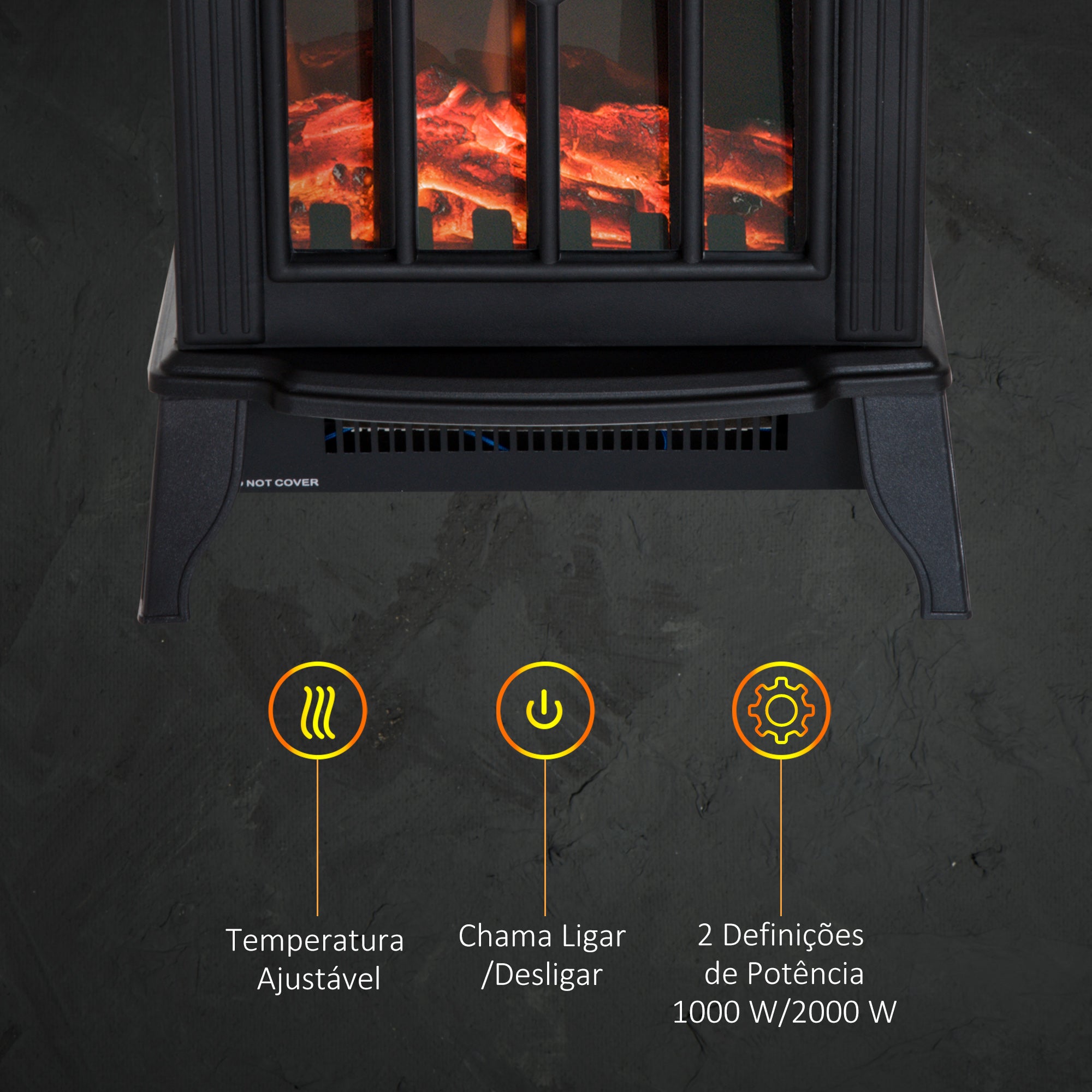Lareira Elétrica Portátil 1000/2000W - 36,5x24x46cm - Cor Preto