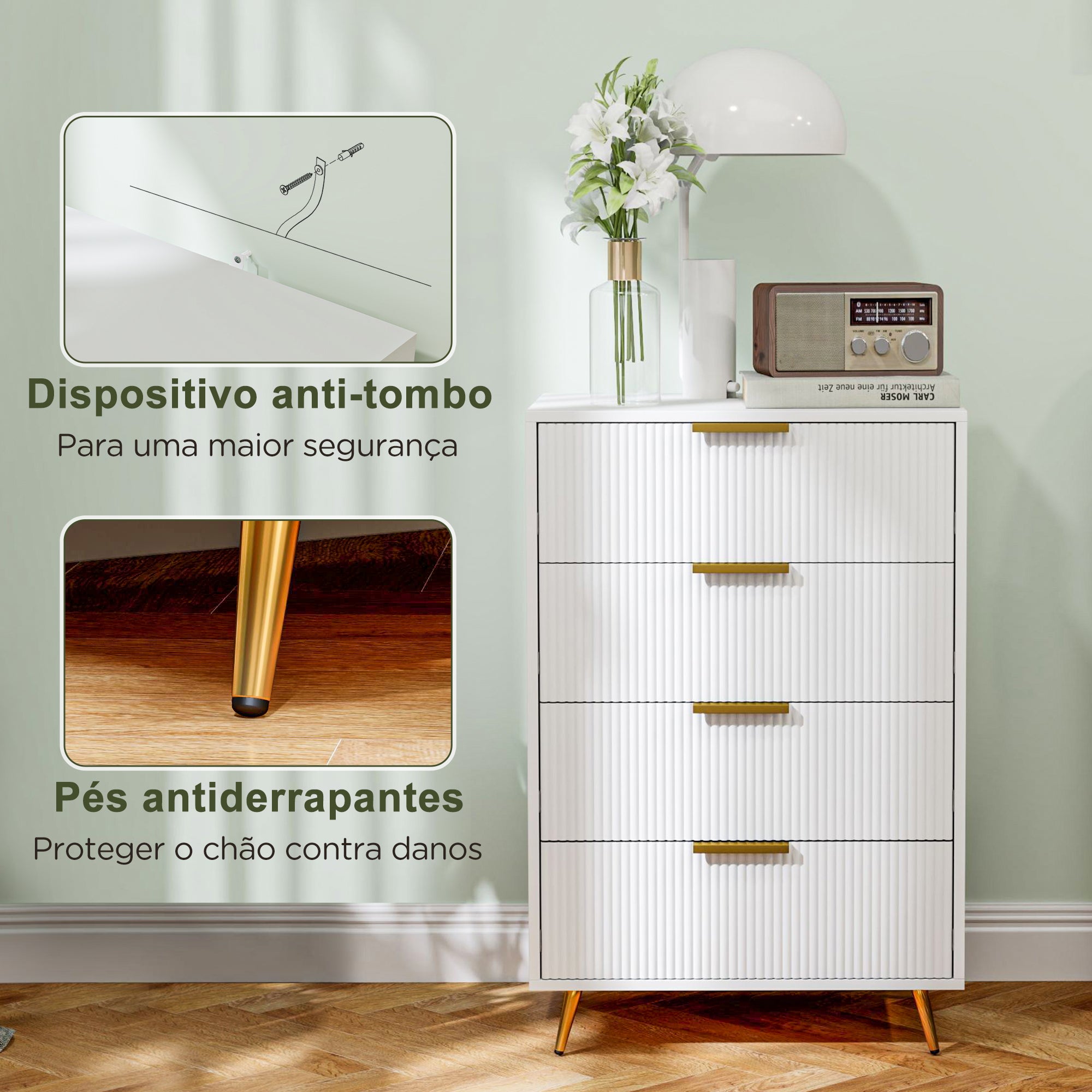 Cómoda Moderna com 4 Gavetas 60x40x90 cm - Branco