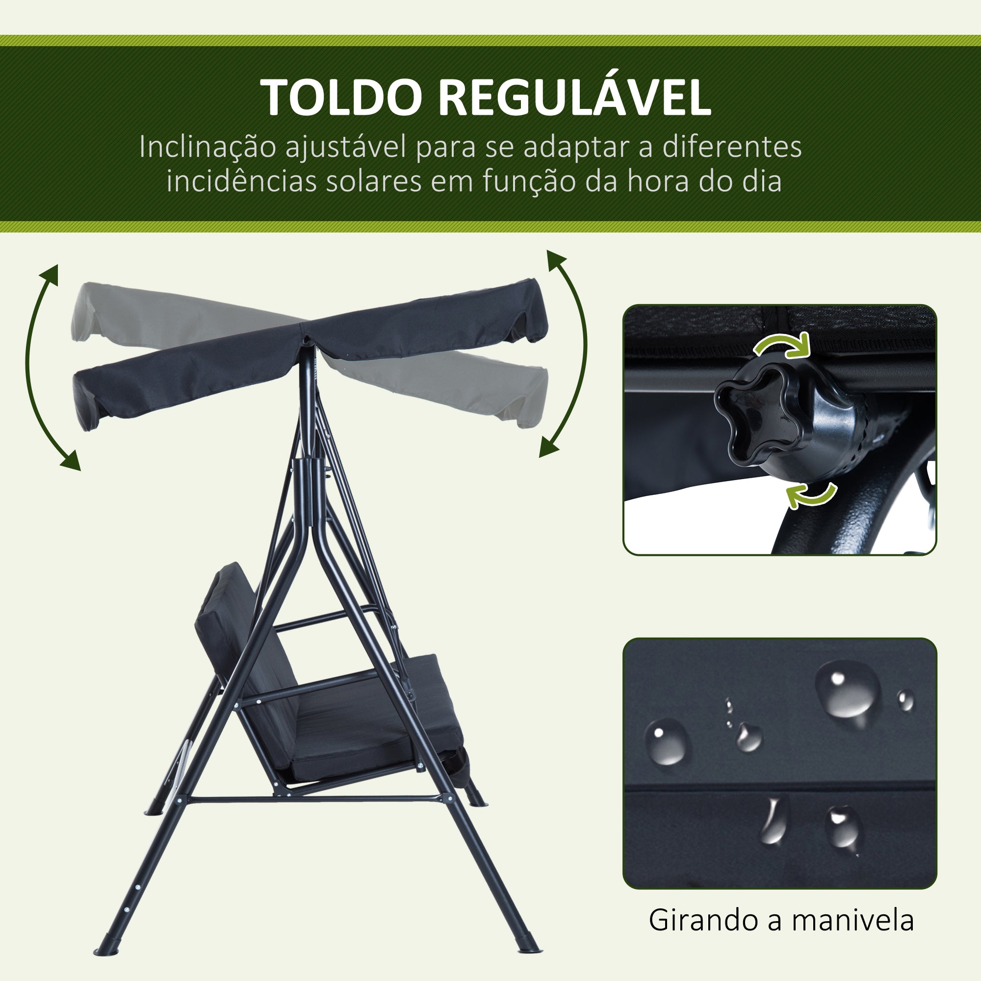 Baloiço de Jardim 3 Lugares Preto 172x110x152 cm - Estrutura em Aço