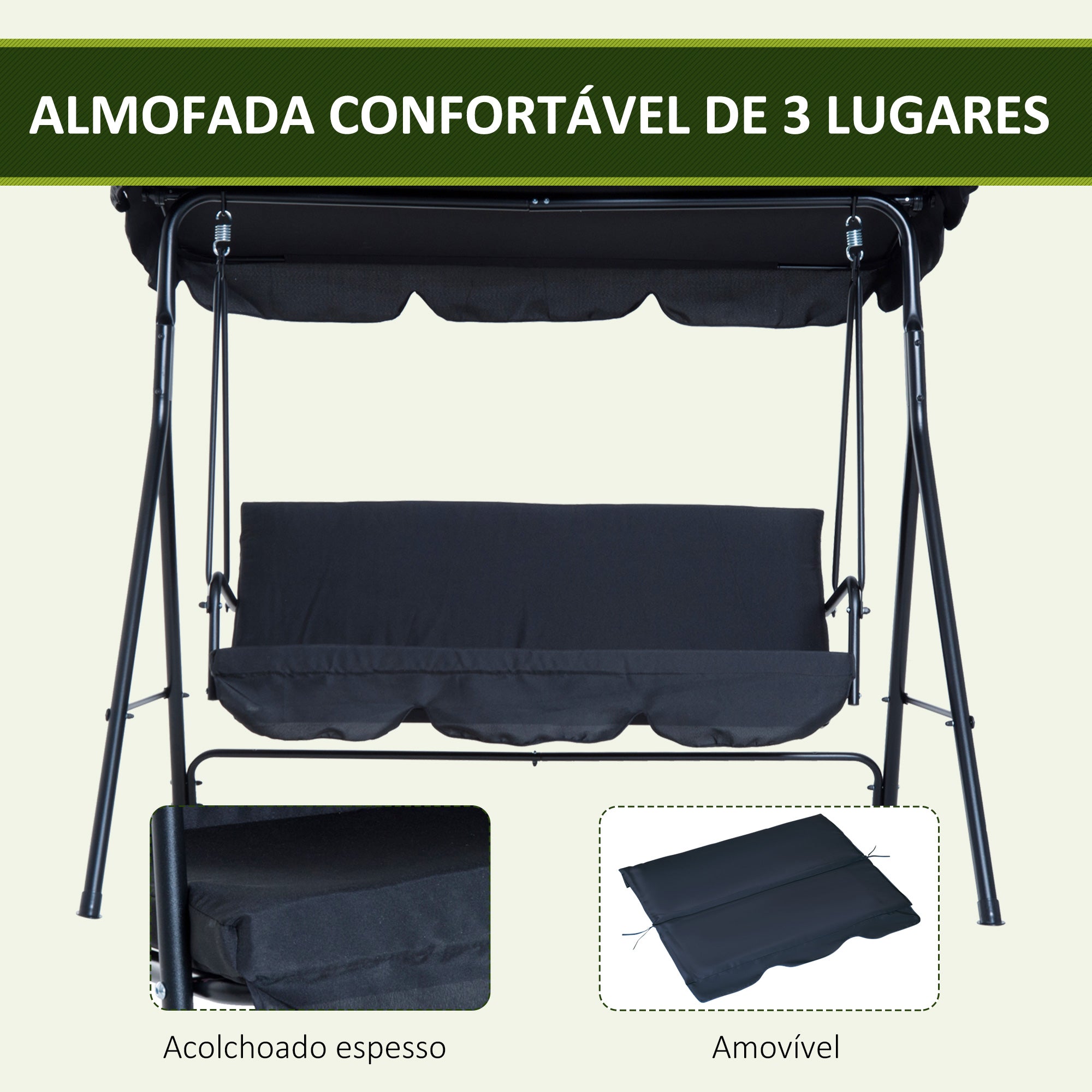 Baloiço de Jardim 3 Lugares Preto 172x110x152 cm - Estrutura em Aço