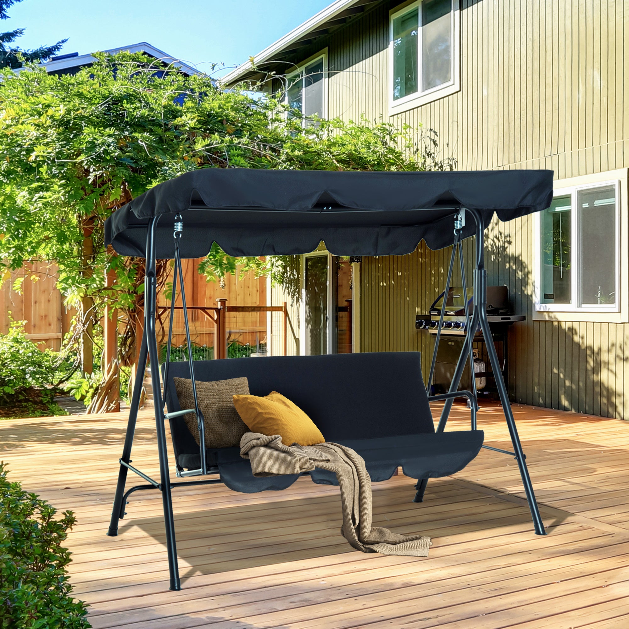 Baloiço de Jardim 3 Lugares Preto 172x110x152 cm - Estrutura em Aço