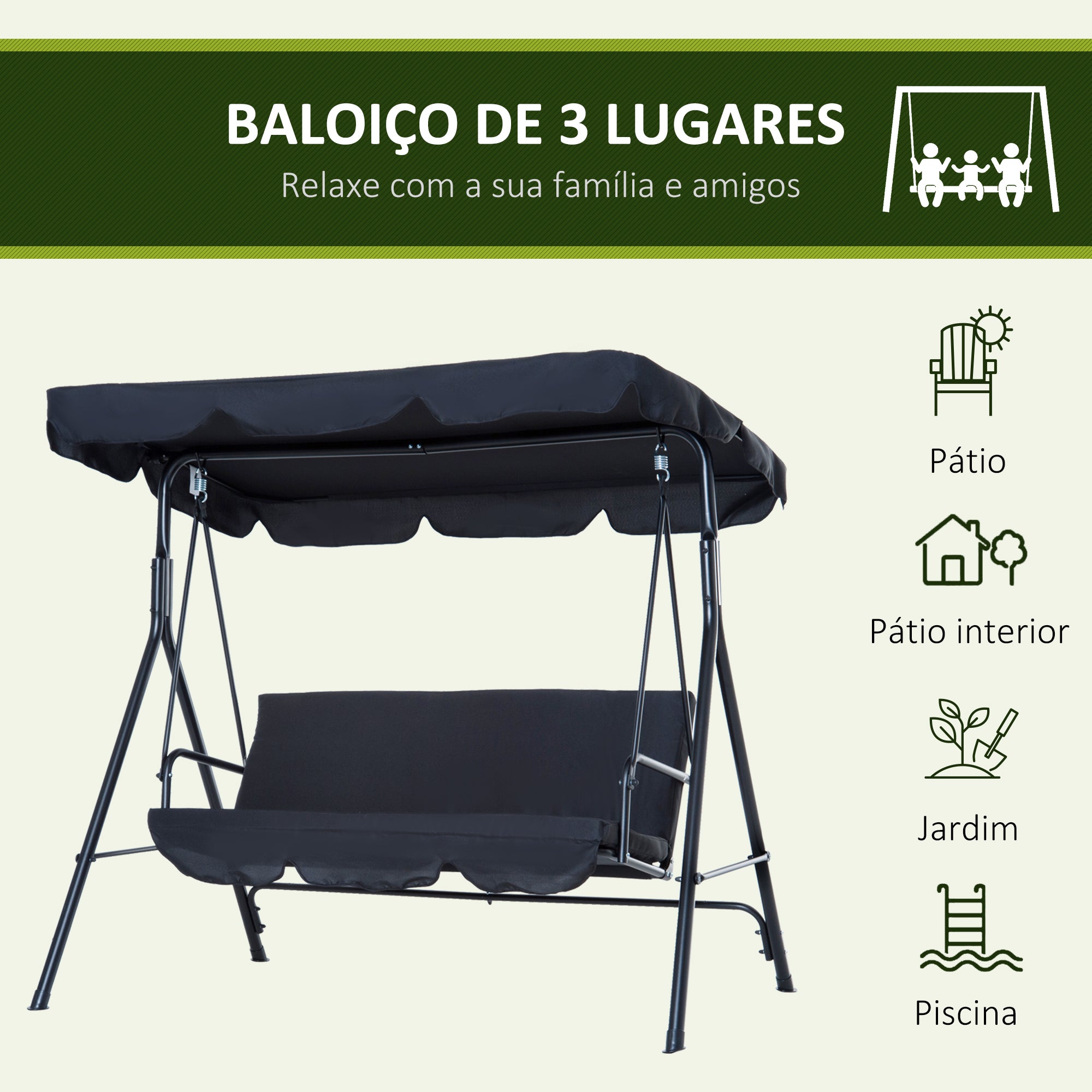 Baloiço de Jardim 3 Lugares Preto 172x110x152 cm - Estrutura em Aço