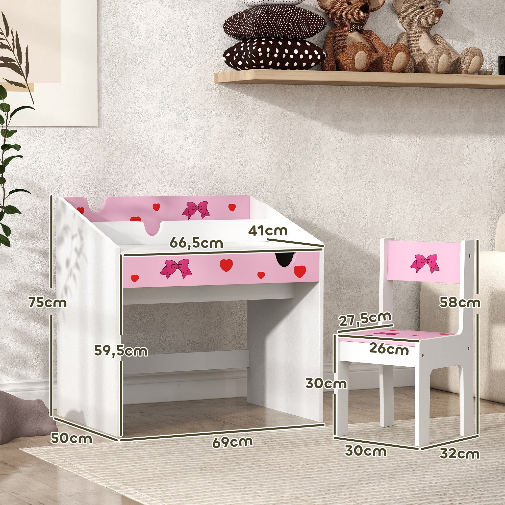 Conjunto de Secretária e Cadeira para Crianças - Rosa - 69x50x75 cm