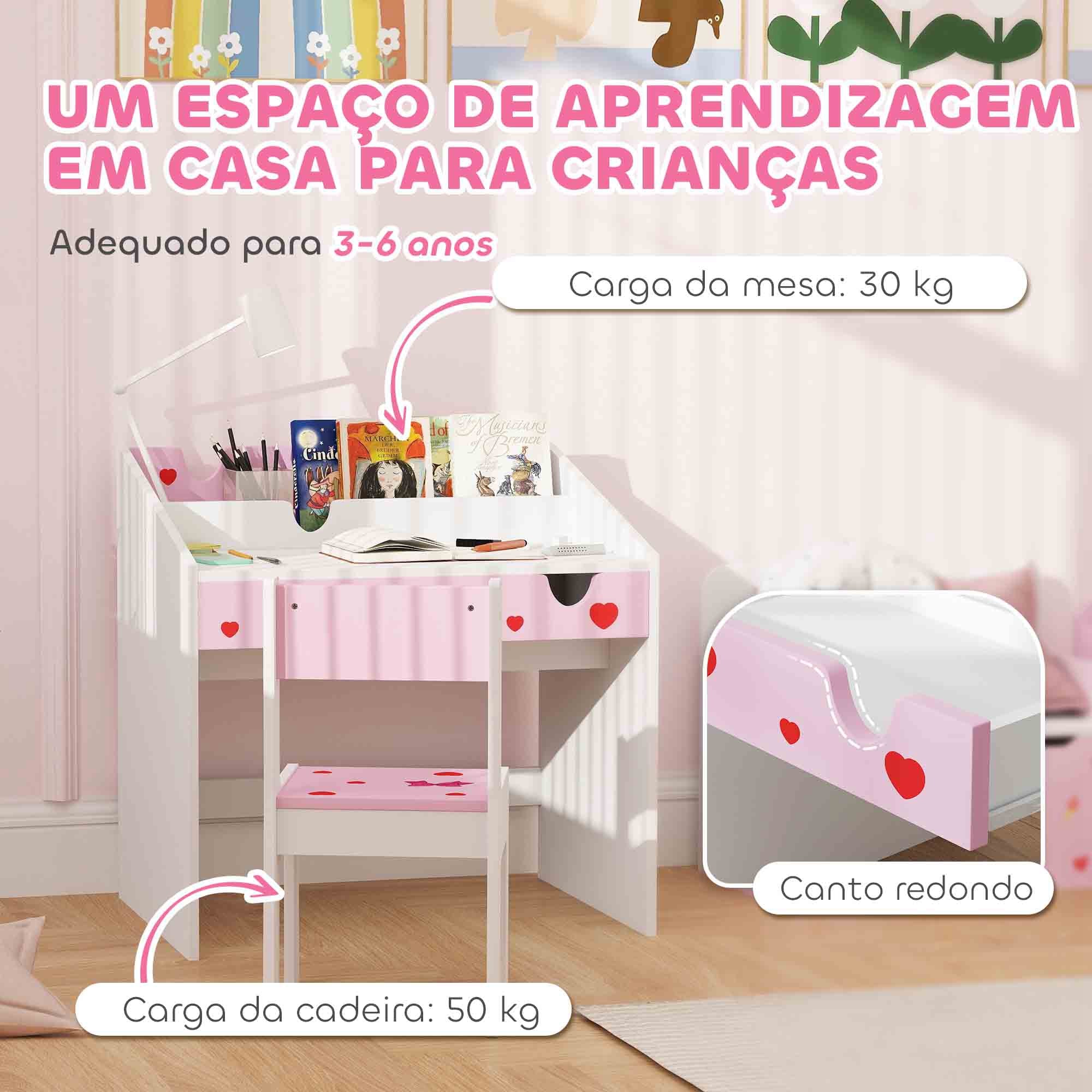Conjunto de Secretária e Cadeira para Crianças - Rosa - 69x50x75 cm