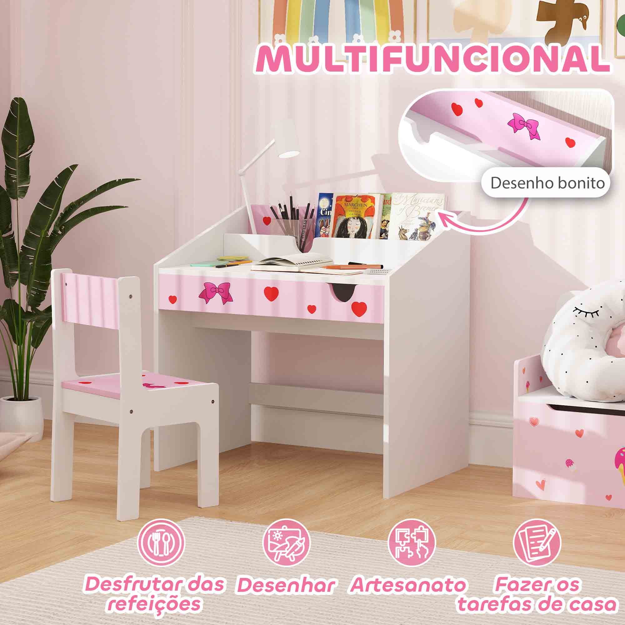 Conjunto de Secretária e Cadeira para Crianças - Rosa - 69x50x75 cm