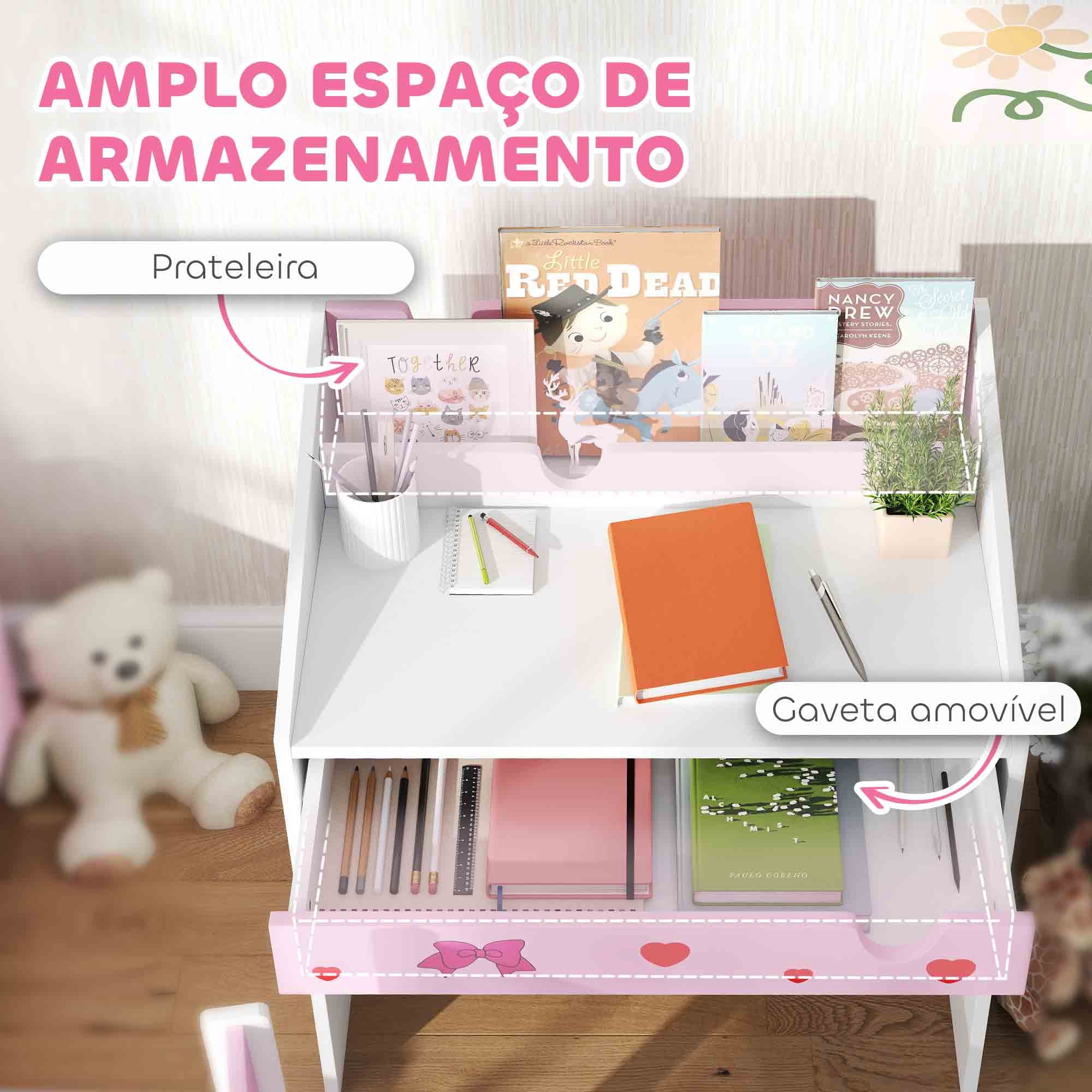 Conjunto de Secretária e Cadeira para Crianças - Rosa - 69x50x75 cm