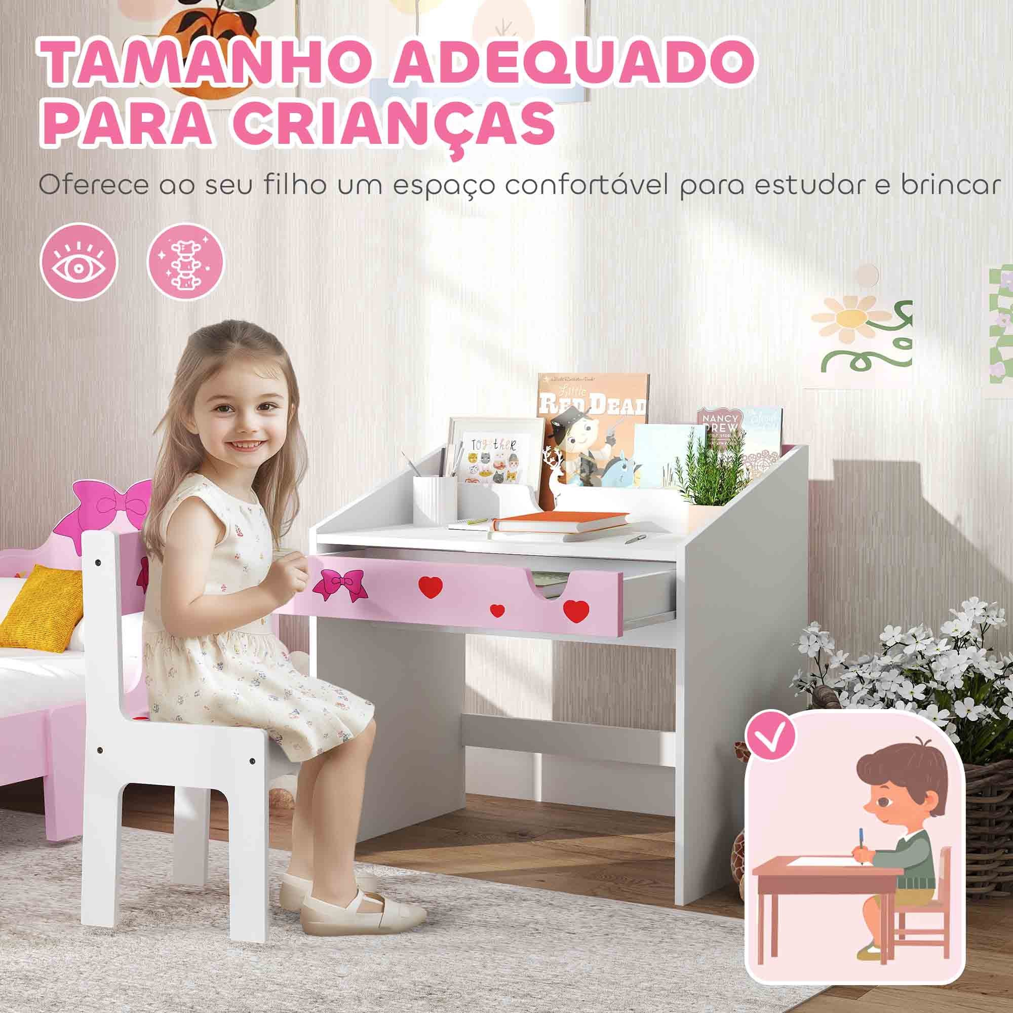 Conjunto de Secretária e Cadeira para Crianças - Rosa - 69x50x75 cm