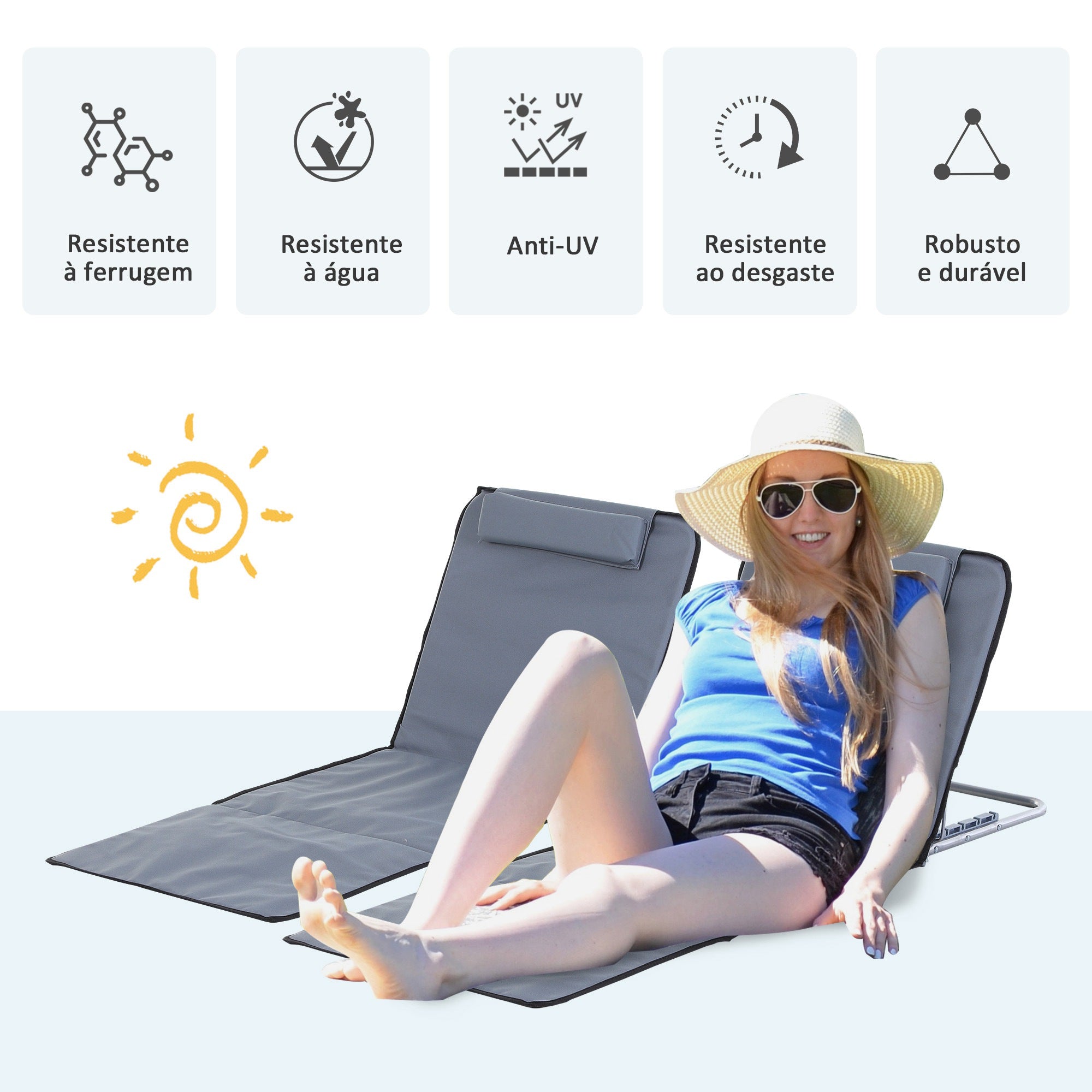 Conjunto de 2 Esteiras de Praia com Encosto Reclinável em 5 Níveis Cinza 48x134x33-43 cm