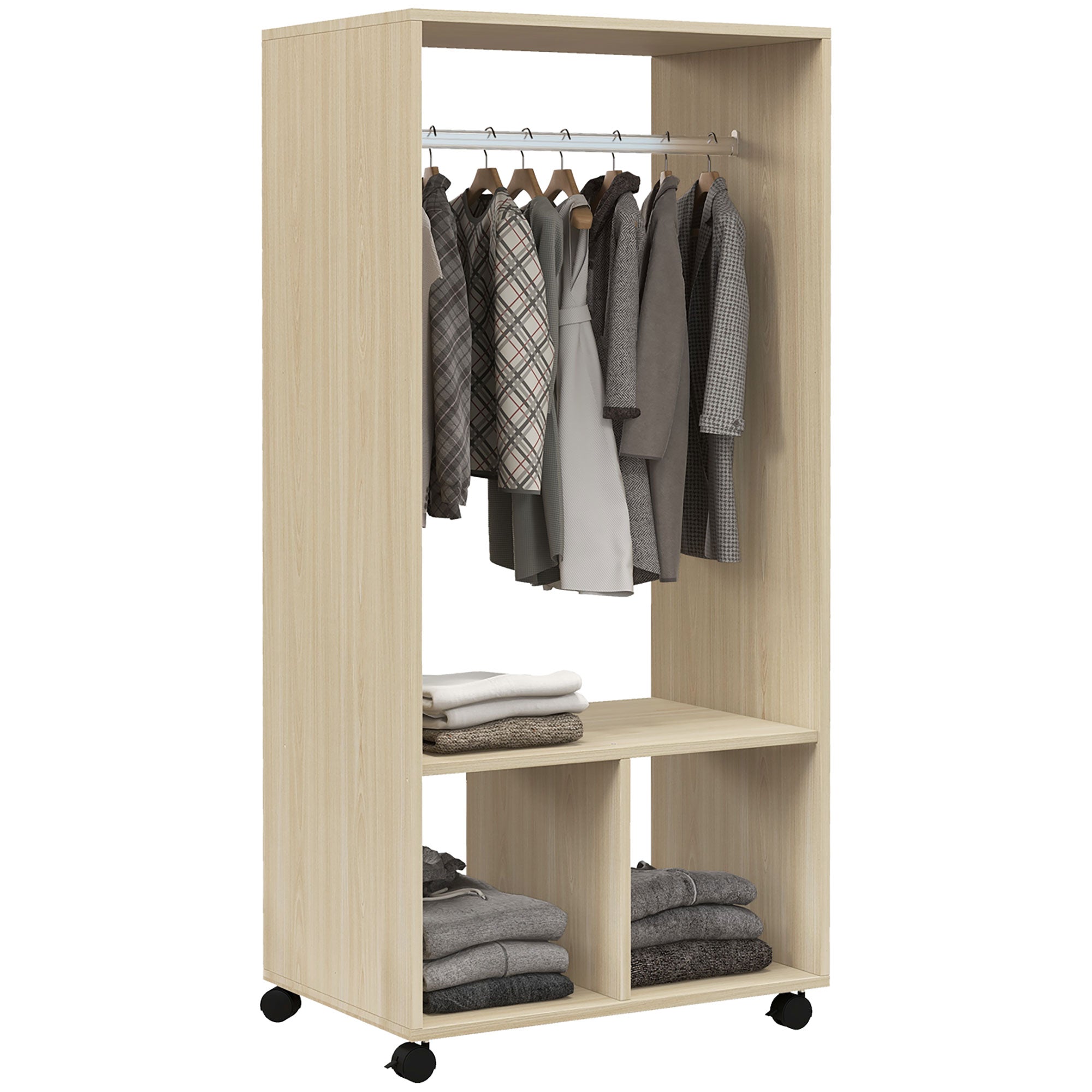 Roupeiro Aberto de Madeira com Barra para Pendurar e Prateleiras Organizadoras - 60x40x128cm - Cor de Carvalho