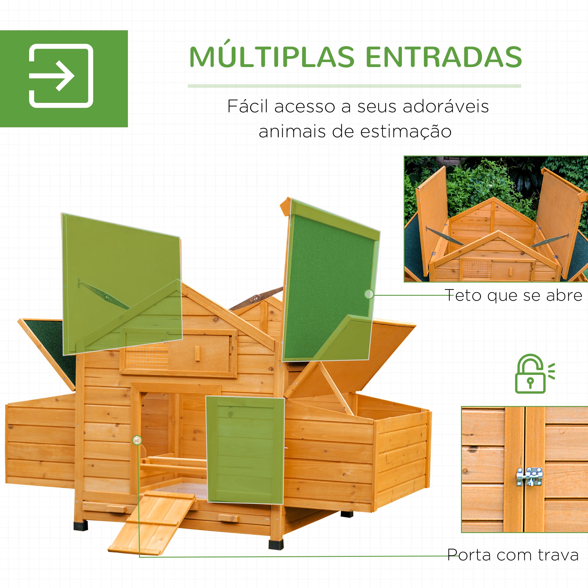 Galinheiro de Madeira Natural para 4-6 Galinhas 150x100x96,5cm