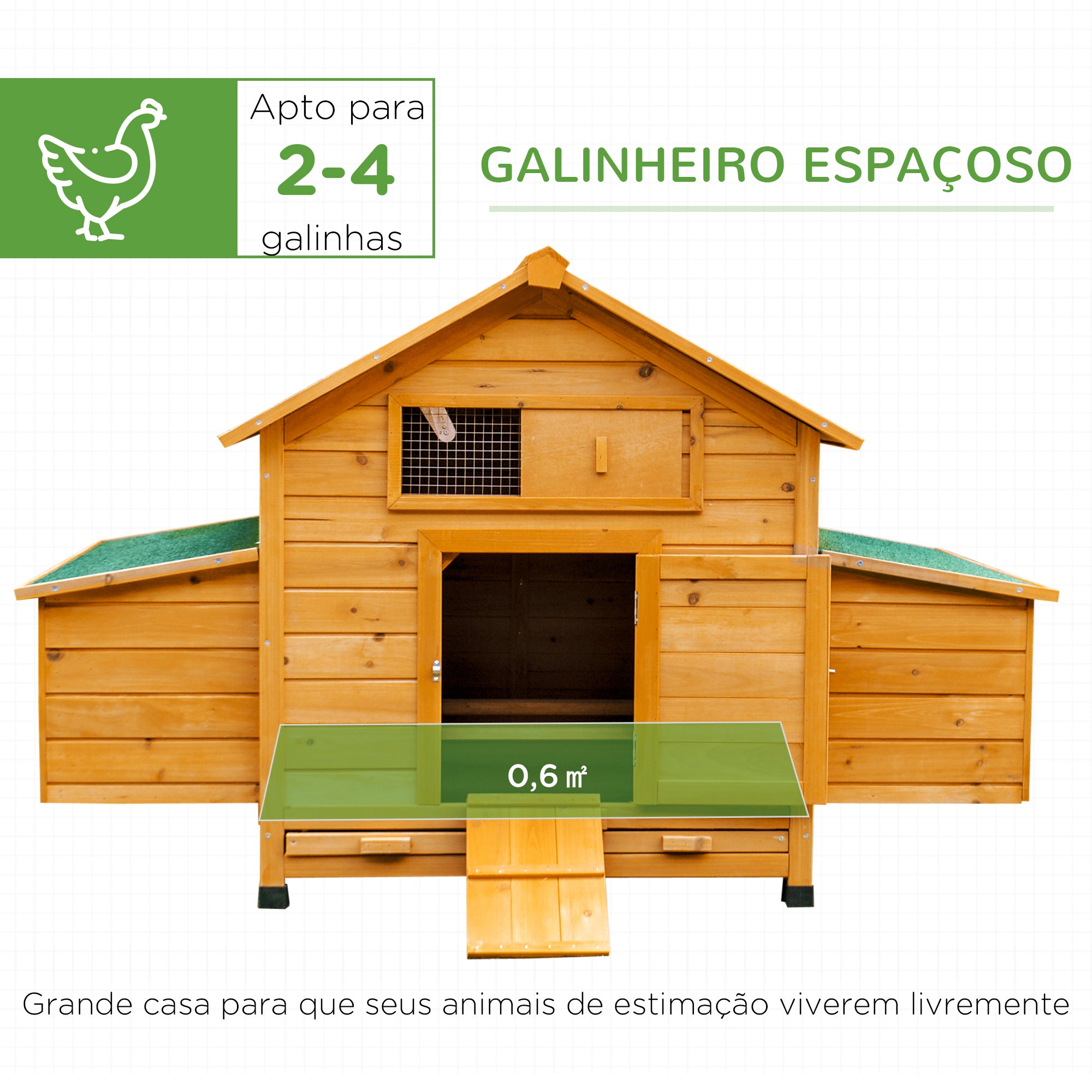 Galinheiro de Madeira Natural para 4-6 Galinhas 150x100x96,5cm