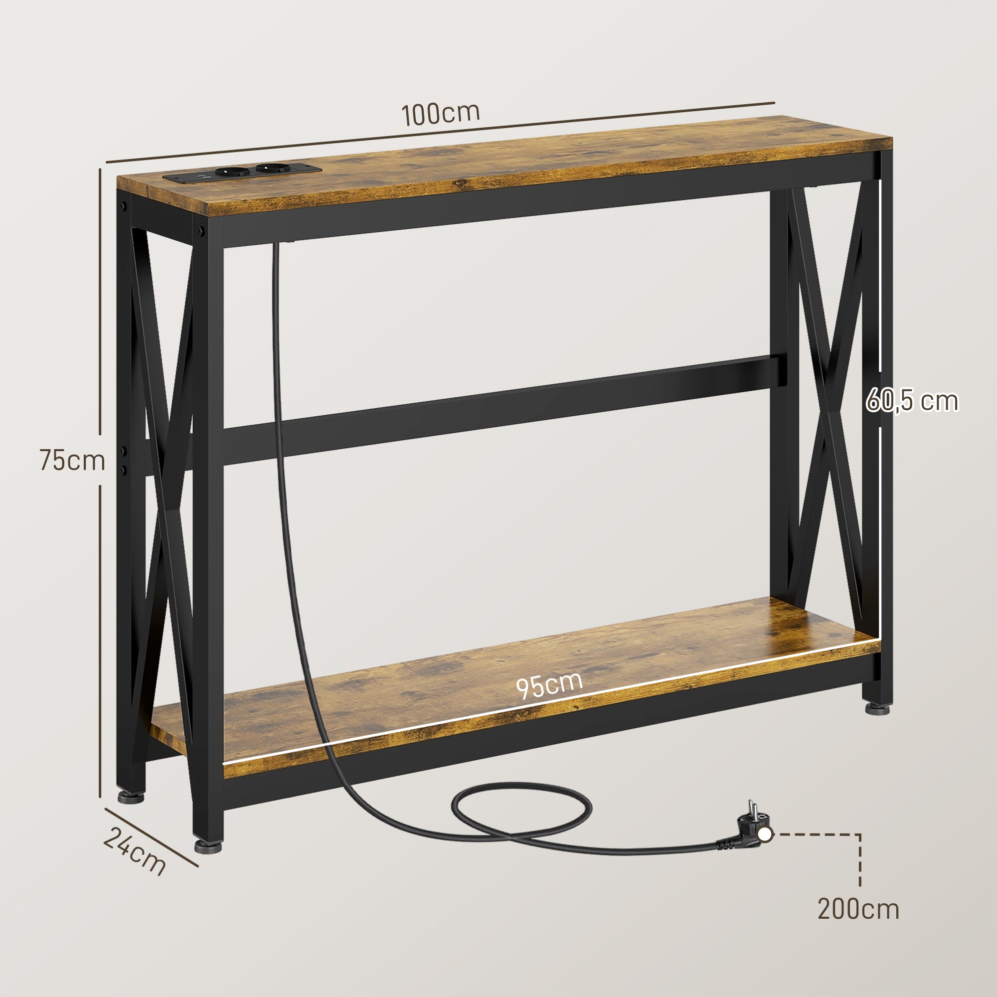 Mesa Consola de Estilo Industrial 100x24x75 cm Castanho Rústico