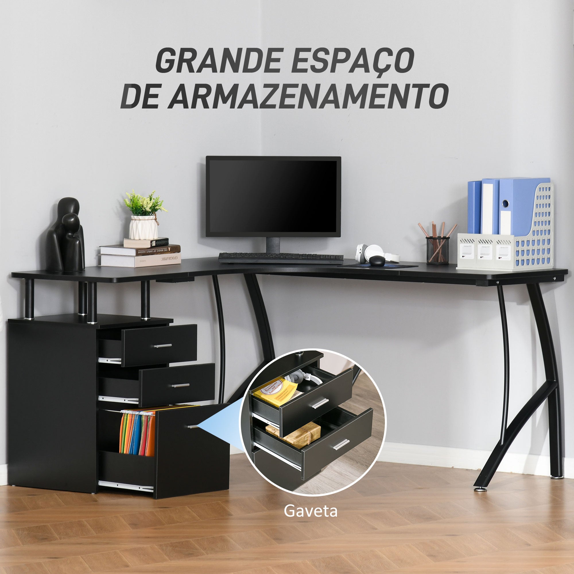 Secretária de Canto em Formato de L 143,5x143,5x76cm Preto