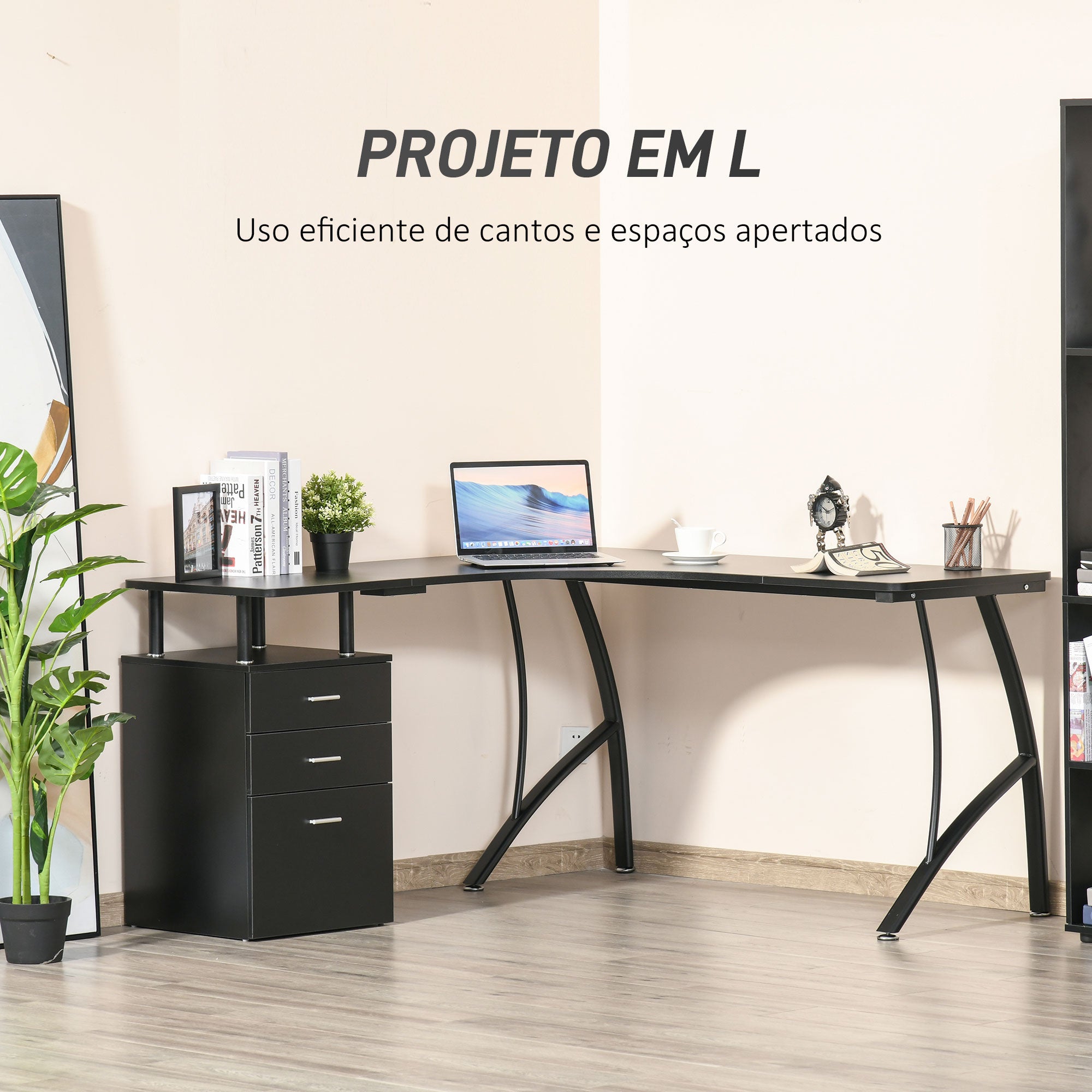 Secretária de Canto em Formato de L 143,5x143,5x76cm Preto