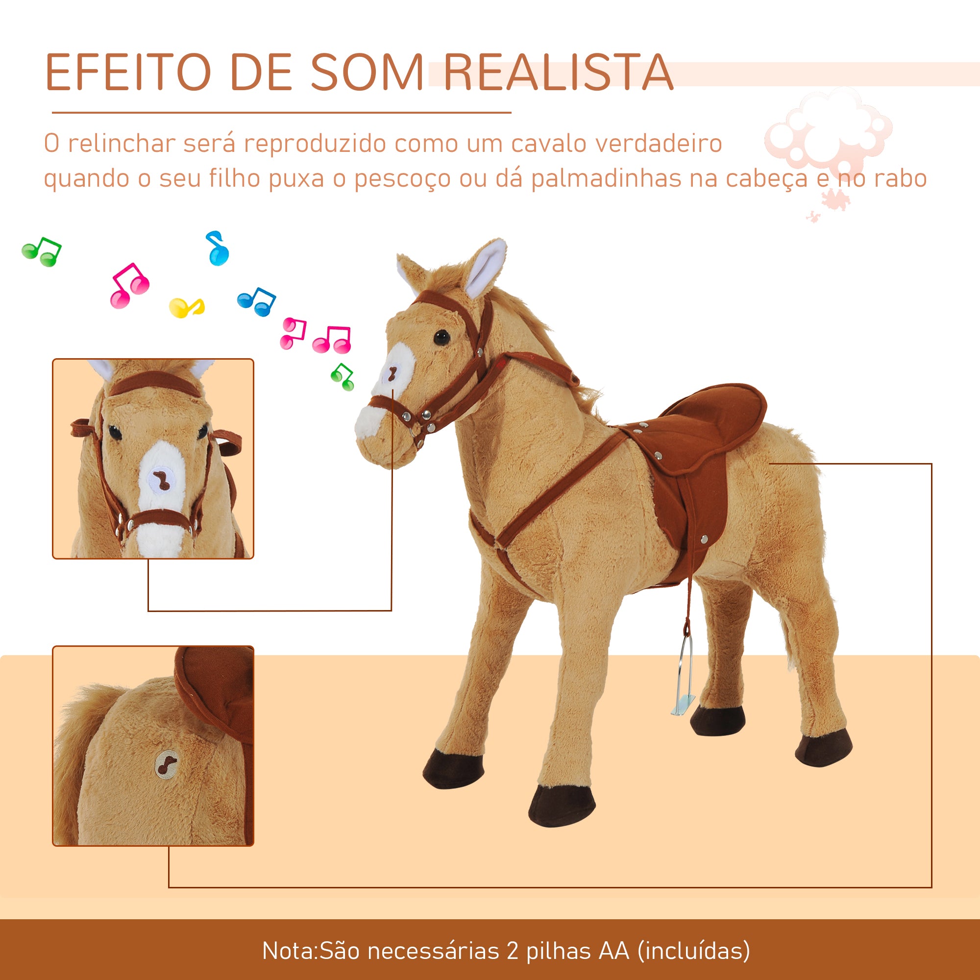 Cavalo de Brinquedo com Sons – 85x28x60 cm – Marrom e Bege – Metal
