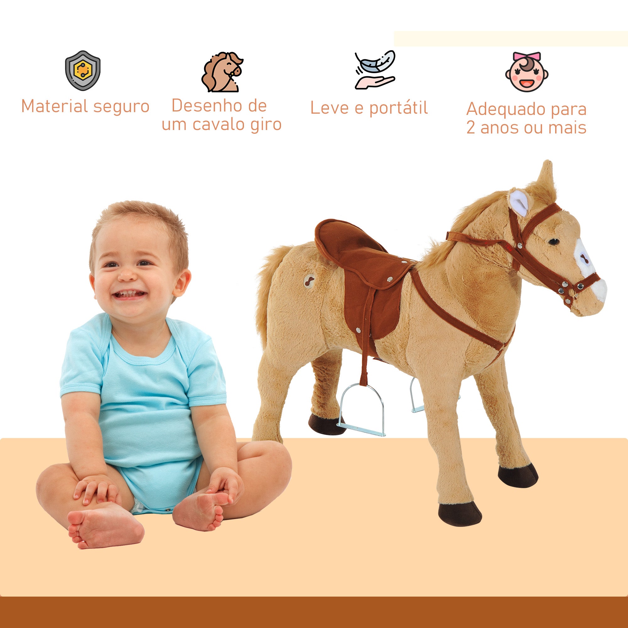 Cavalo de Brinquedo com Sons – 85x28x60 cm – Marrom e Bege – Metal