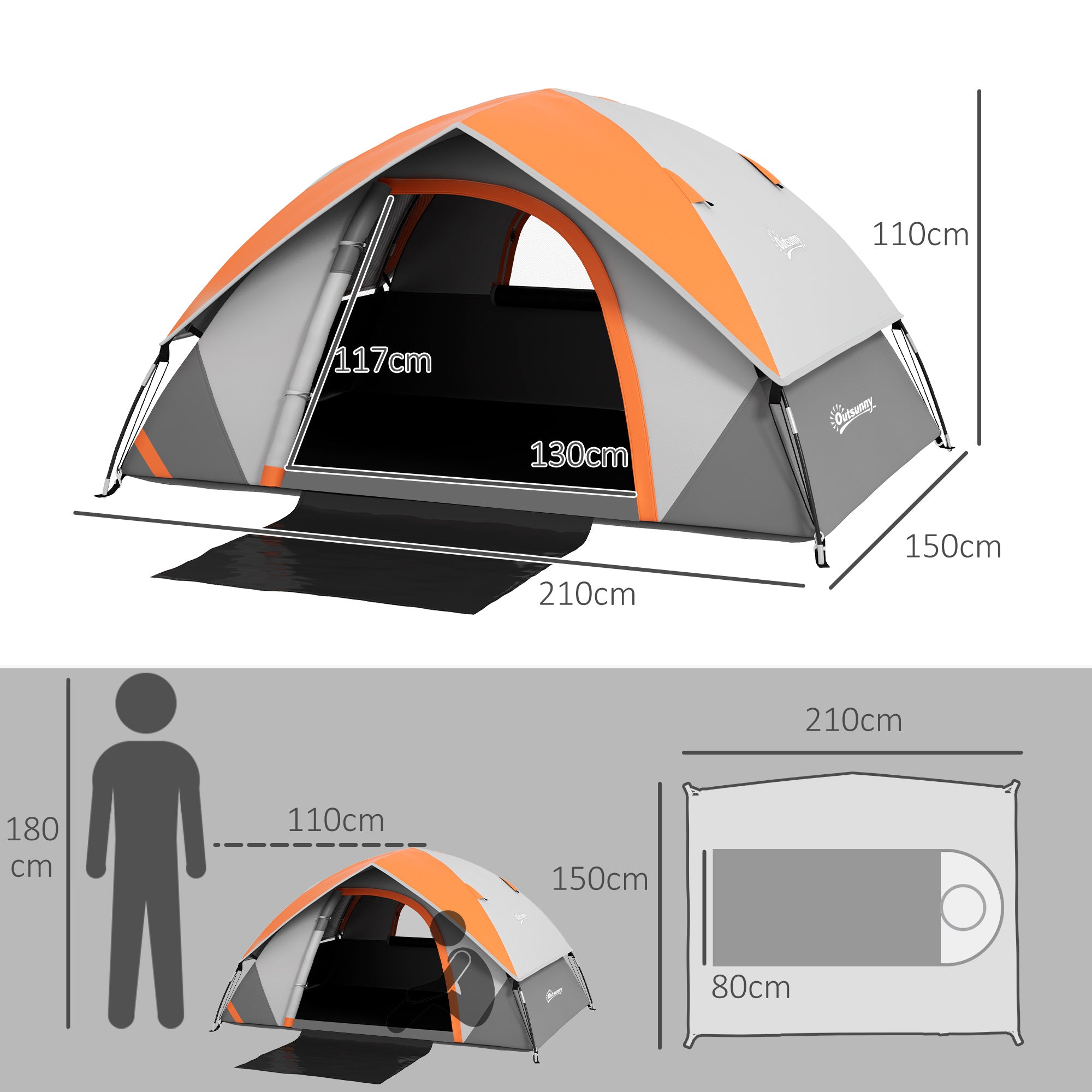 Tenda de Campismo para 1-2 Pessoas Cinza e Laranja 210x110x150 cm