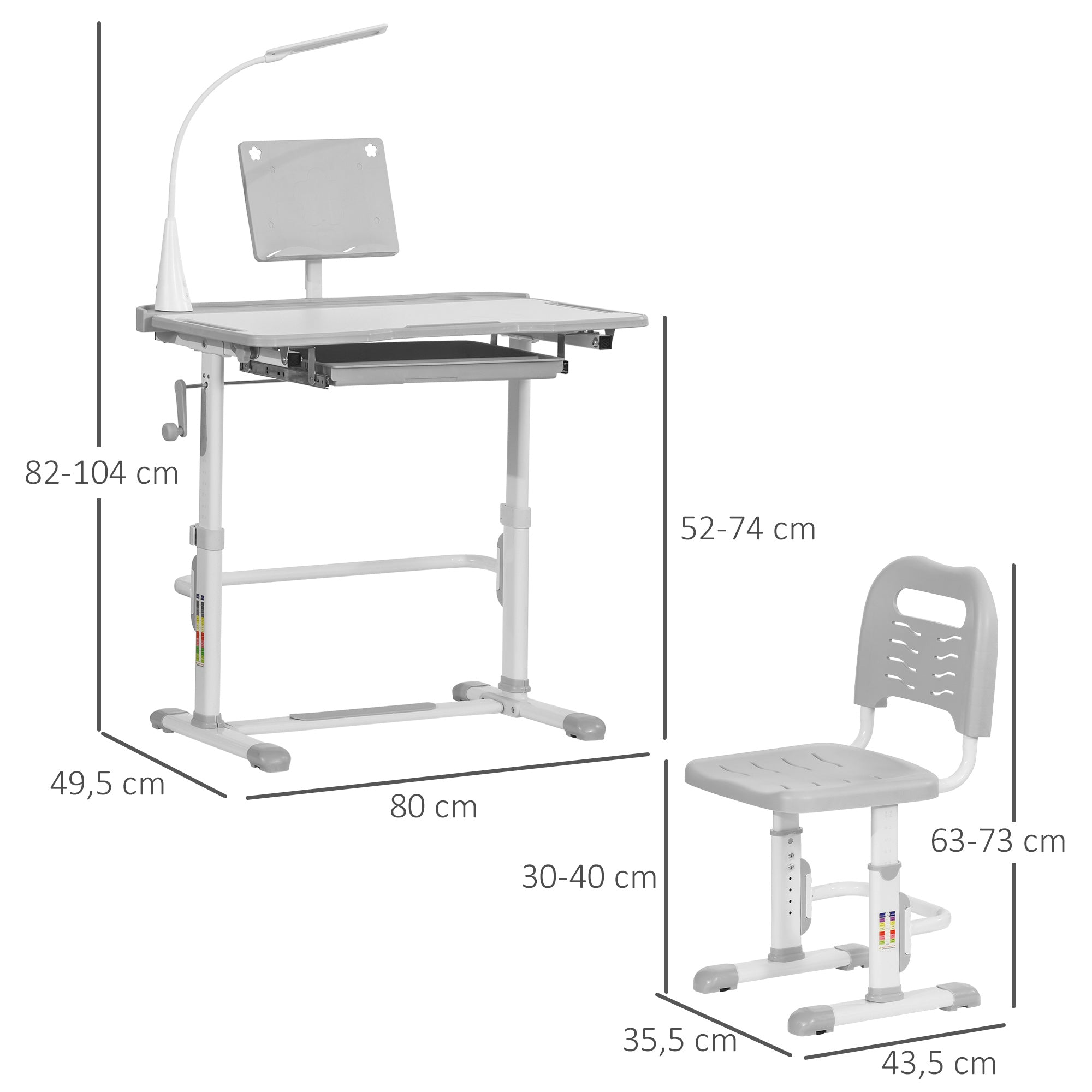 Secretária e Cadeira Infantil Cinzenta com Altura Ajustável 80x49,5x80-105 cm